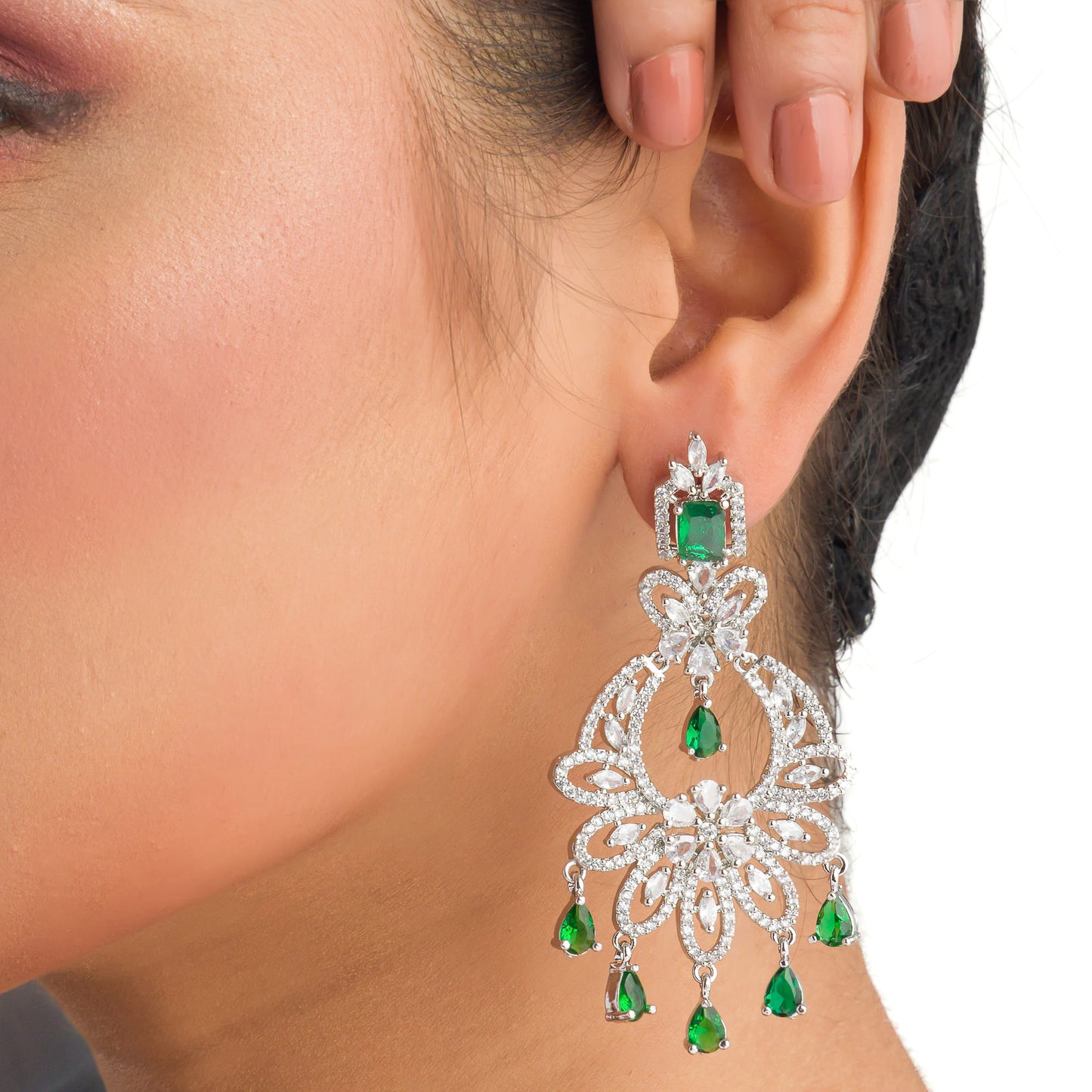 GREEN AND WHITE ZIRCON STUDDED EARRING SET