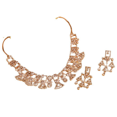 "Rose gold zircon necklace combines subtle shimmer with elegant tones."
