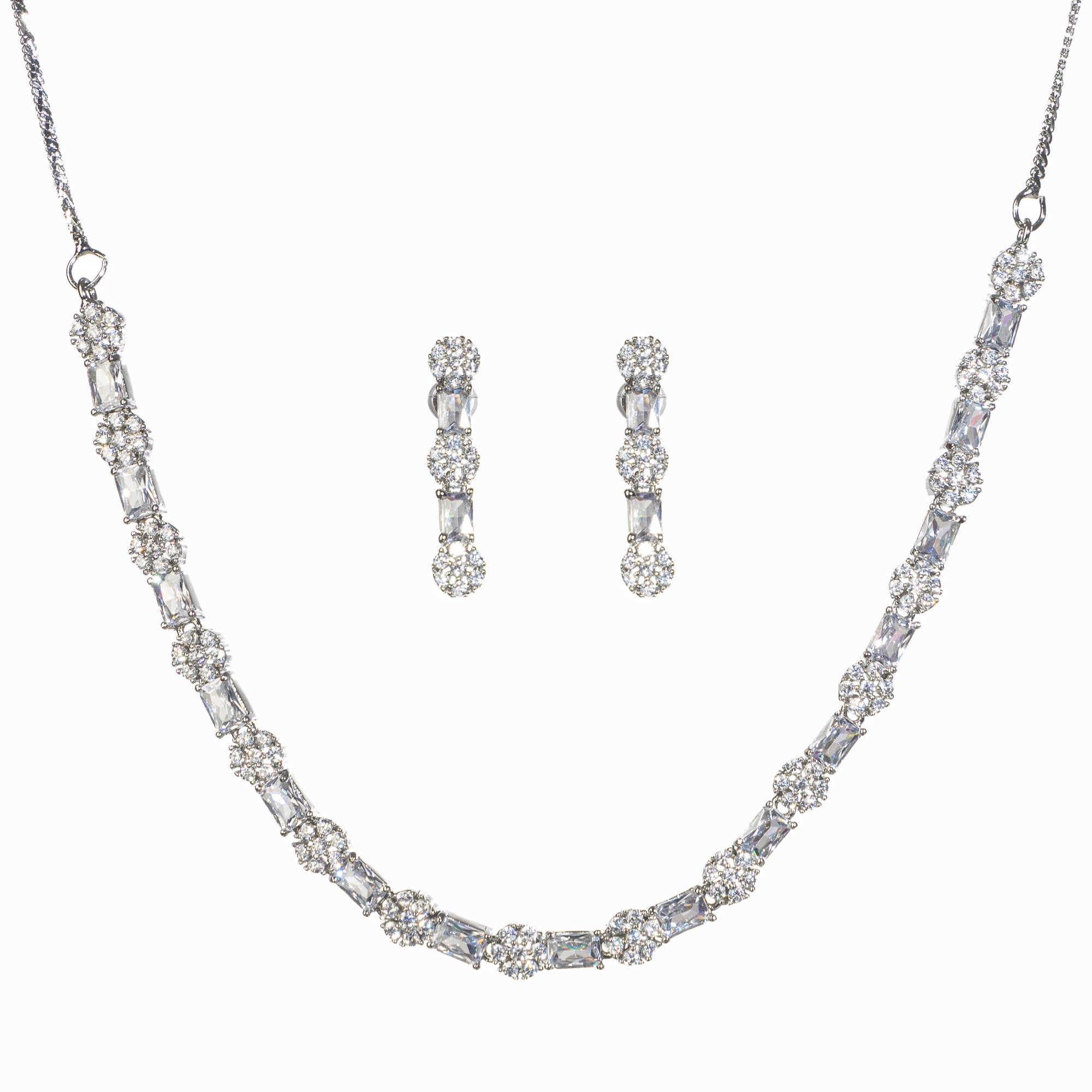 "Delicate zircon necklace with small flower design adds elegance and sparkle."
