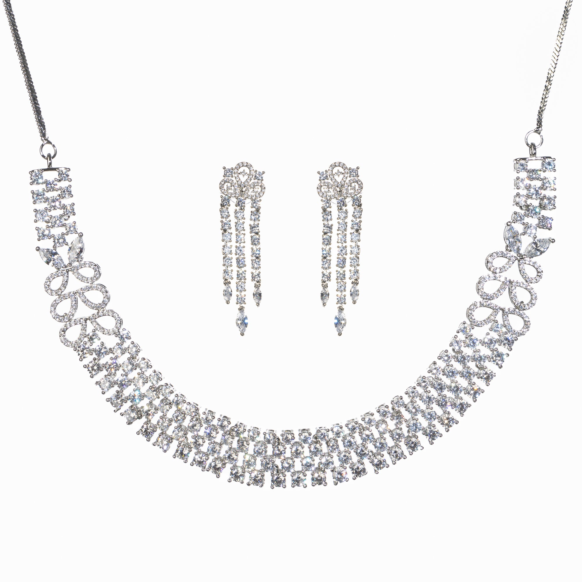 "Zircon necklace with infinity design symbolizes timeless elegance."
