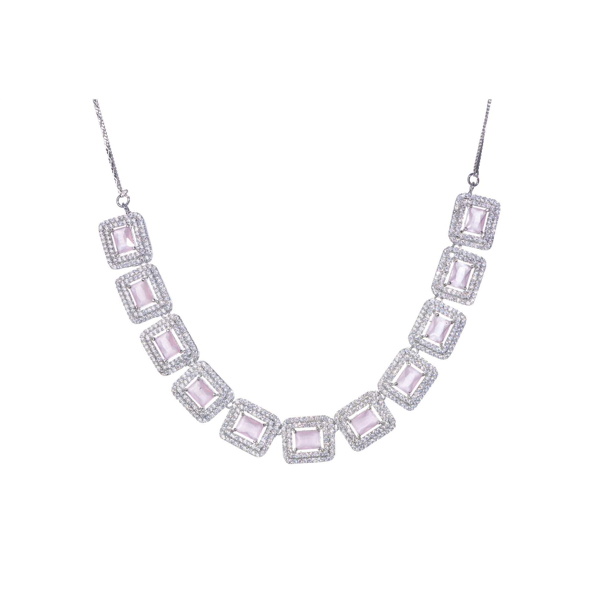 "Pink square zircon short necklace adds vibrant, chic elegance to your look."
