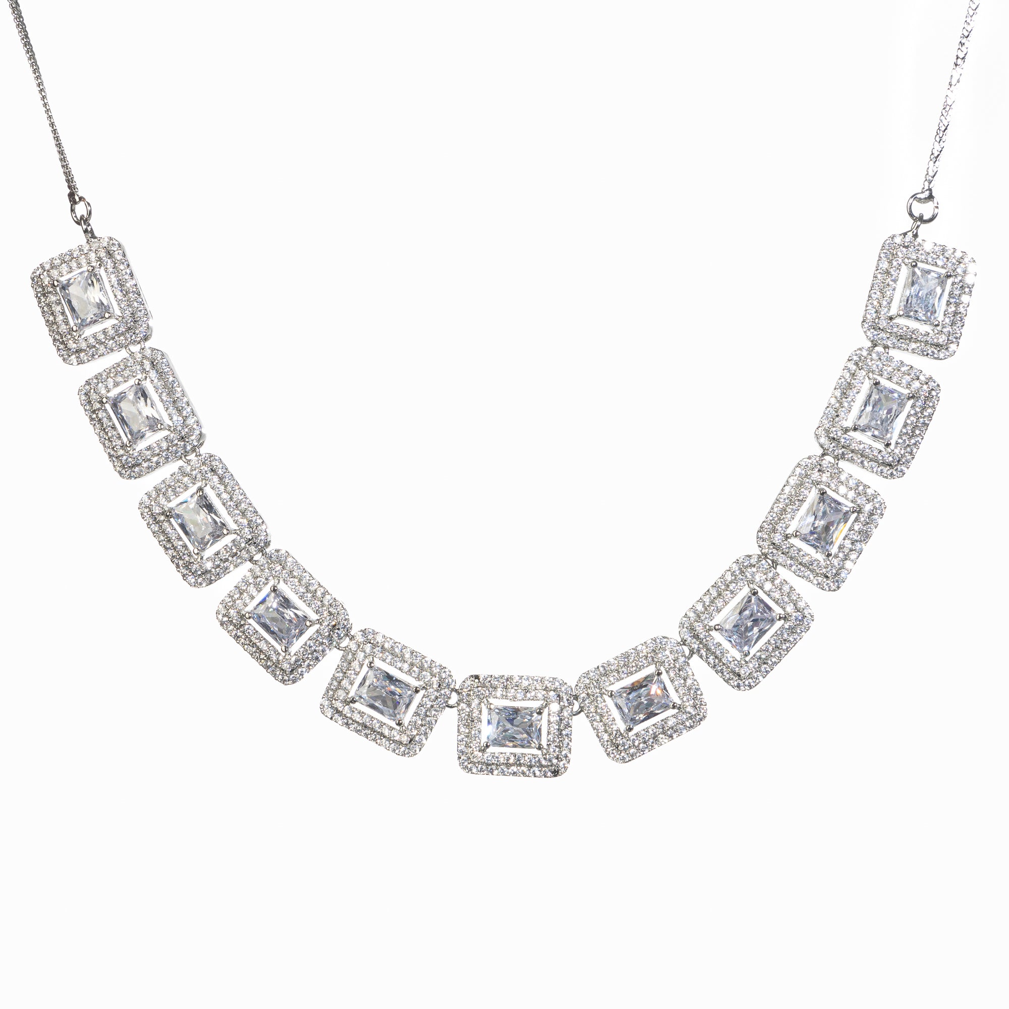 "White square zircon short necklace offers vibrant, chic elegance."
