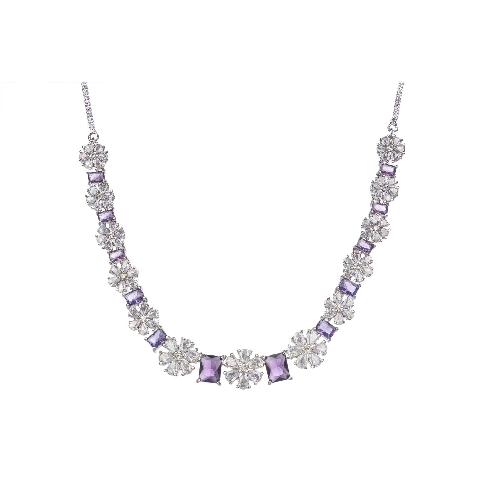 "Navy blue zircon short necklace delivers a sophisticated splash of color and sparkle."
