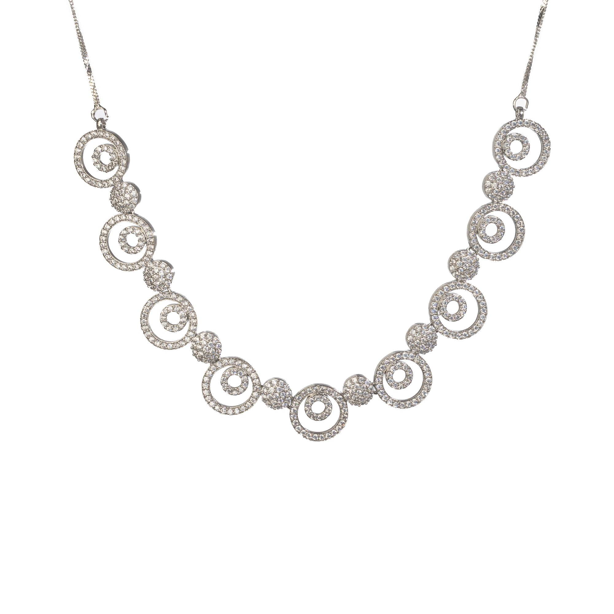 "White zircon necklace exudes classic elegance with sparkling clarity."
