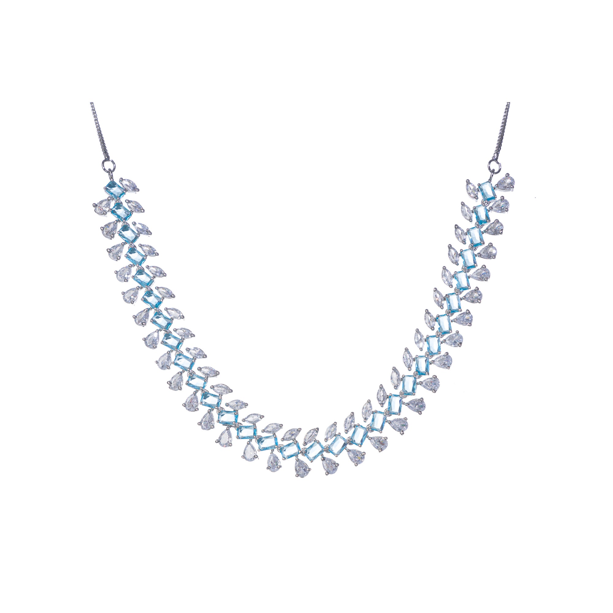 "Aqua blue zircon necklace with square stone offers a vibrant, stylish touch."
