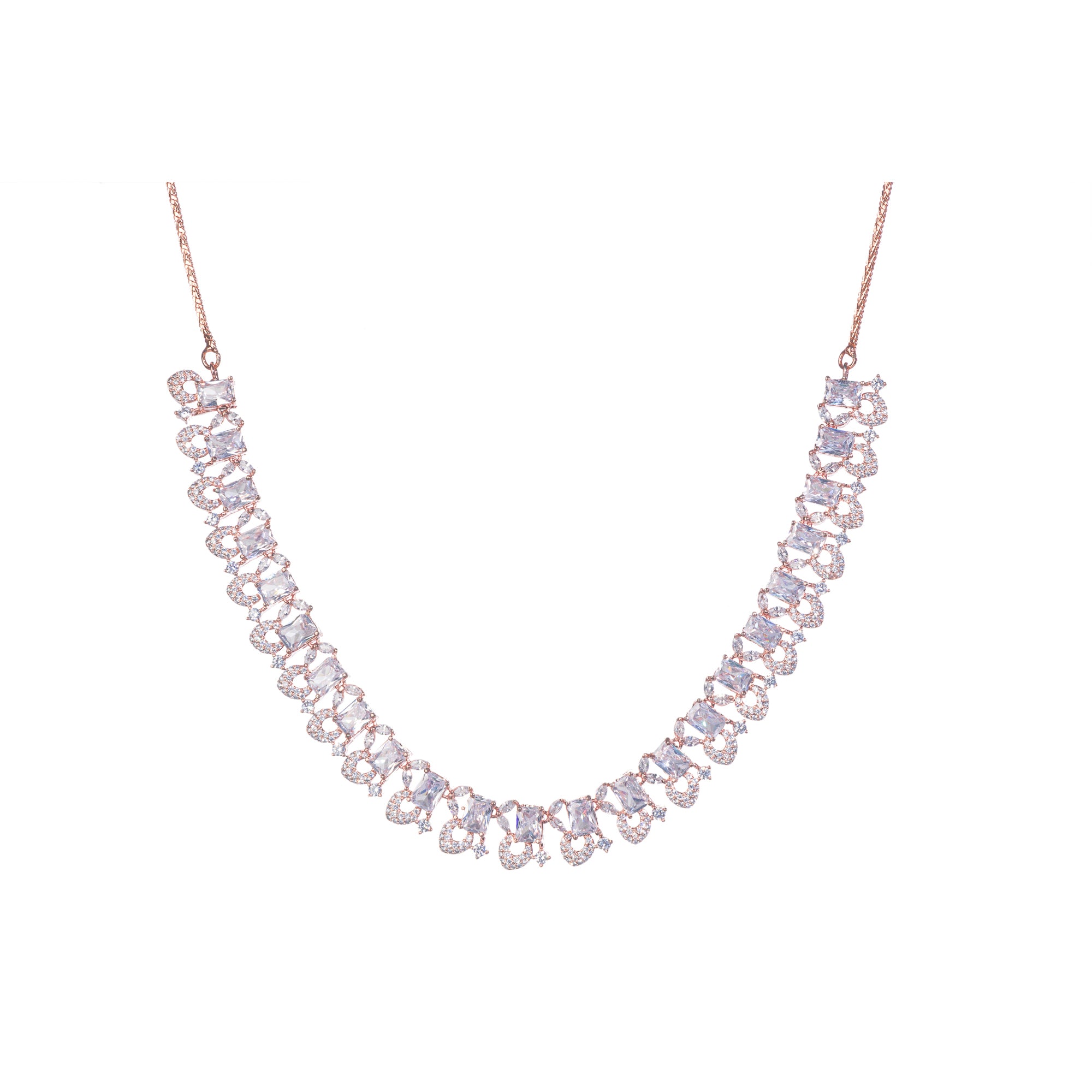 "Understated zircon necklace in silver and rose gold adds timeless elegance."
