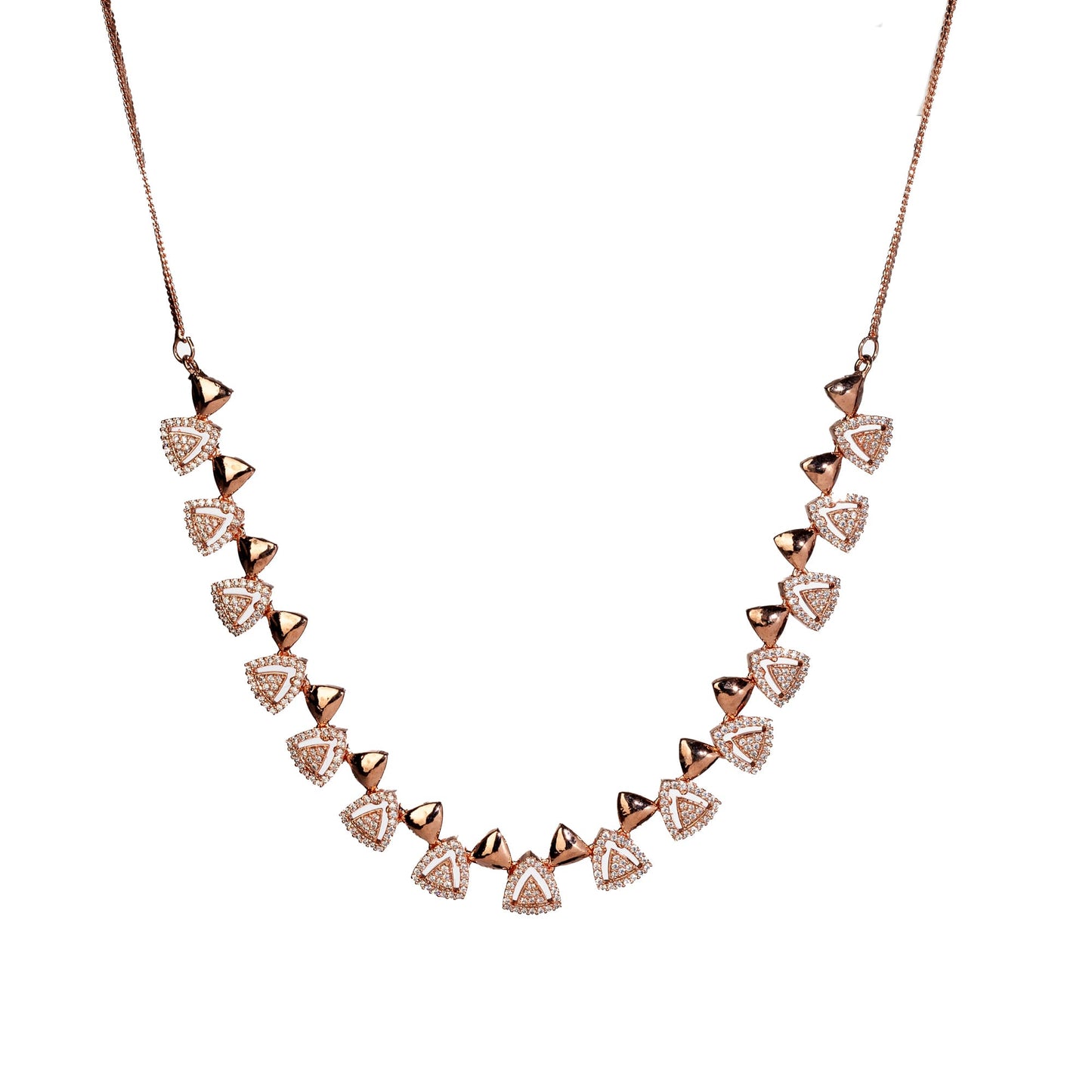 TRIANGULAR ROSE GOLD ZIRCON NECKLACE OFFERS SLEEK, MODERN SOPHISTICATION.