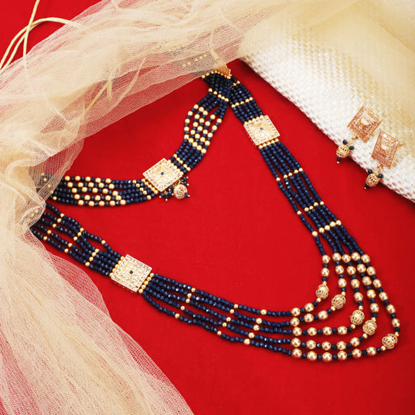 NAVY BLUE SMALL PEARLS STUDDED NECKLACE SET WHICH CONSIST OF LONG NECKLACE , CHOKER AND EARRING SET.