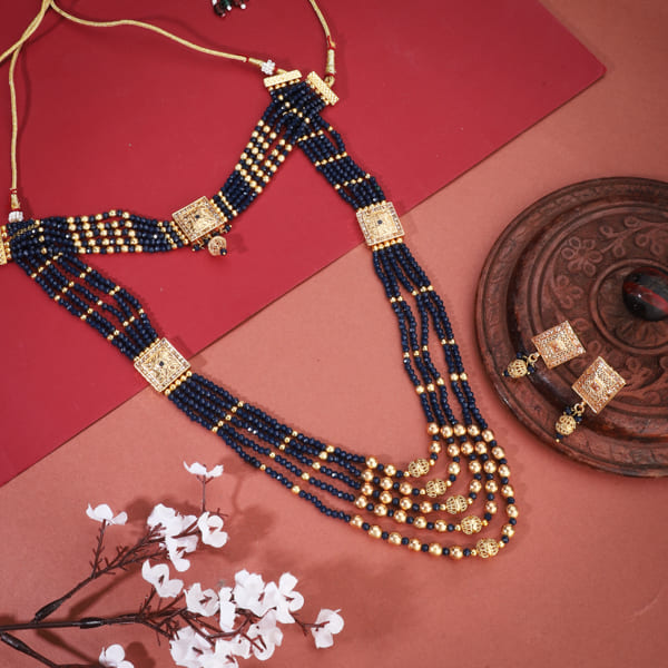 NAVY BLUE SMALL PEARLS STUDDED NECKLACE SET WHICH CONSIST OF LONG NECKLACE , CHOKER AND EARRING SET.