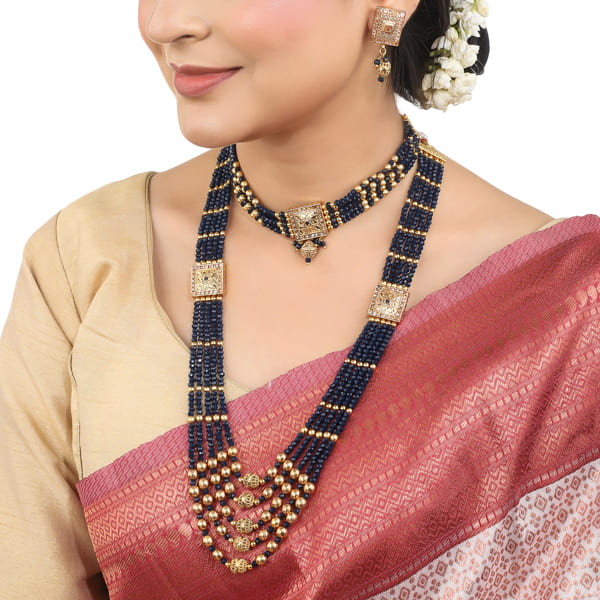 NAVY BLUE SMALL PEARLS STUDDED NECKLACE SET WHICH CONSIST OF LONG NECKLACE , CHOKER AND EARRING SET.