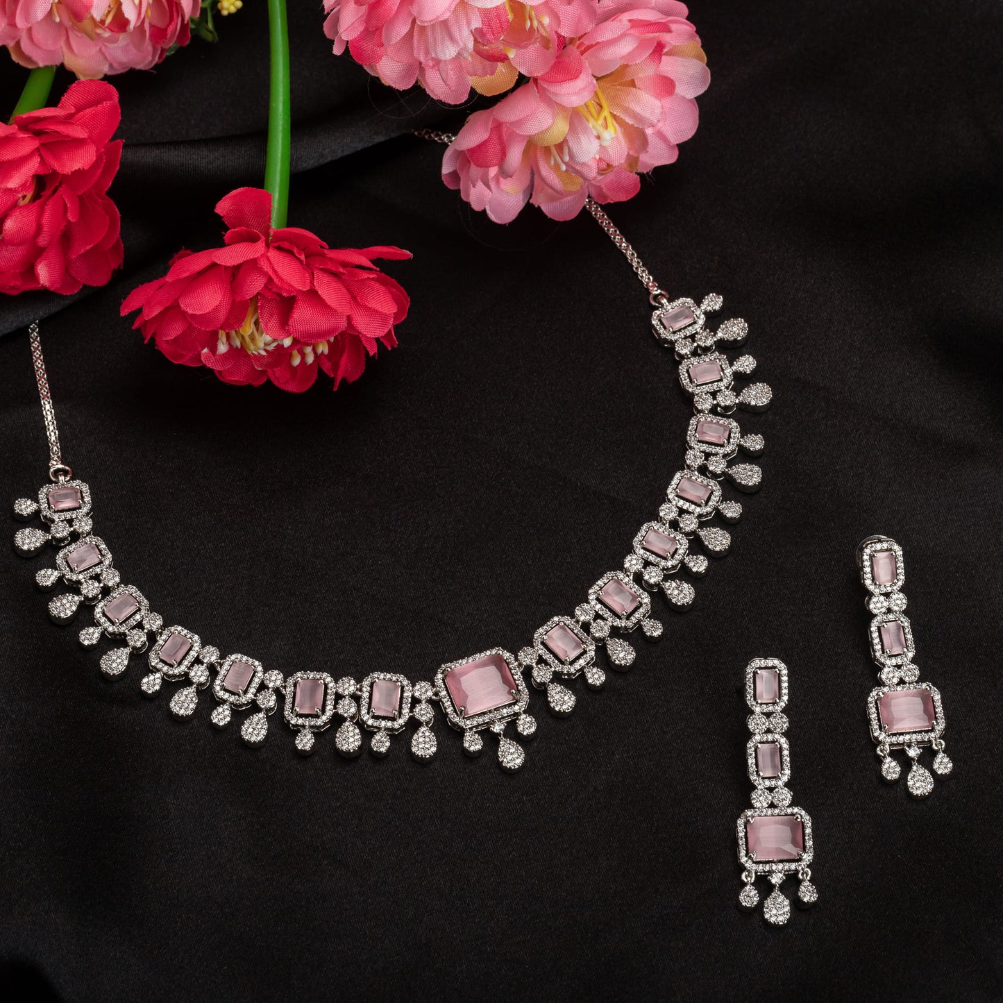 ZIRCON NECKLACE WITH PINK SQUARE STONE ADDS A BOLD, ELEGANT TOUCH.