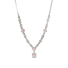 "Pink zircon necklace with square stone adds a bold, elegant touch to any outfit."
