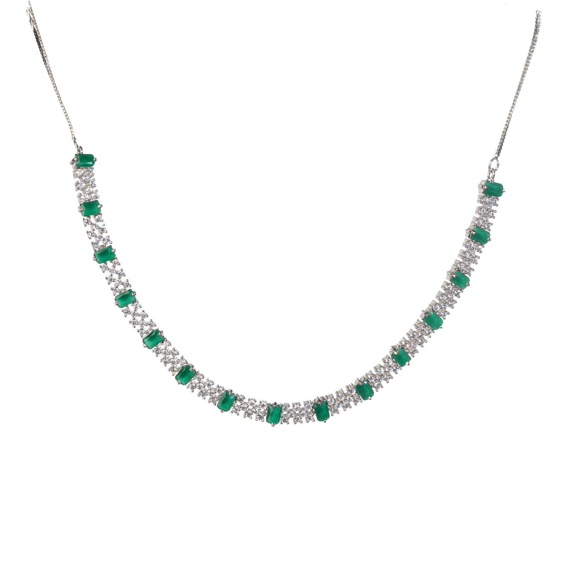 "Green stone zircon necklace adds a pop of vibrant elegance to any look."
