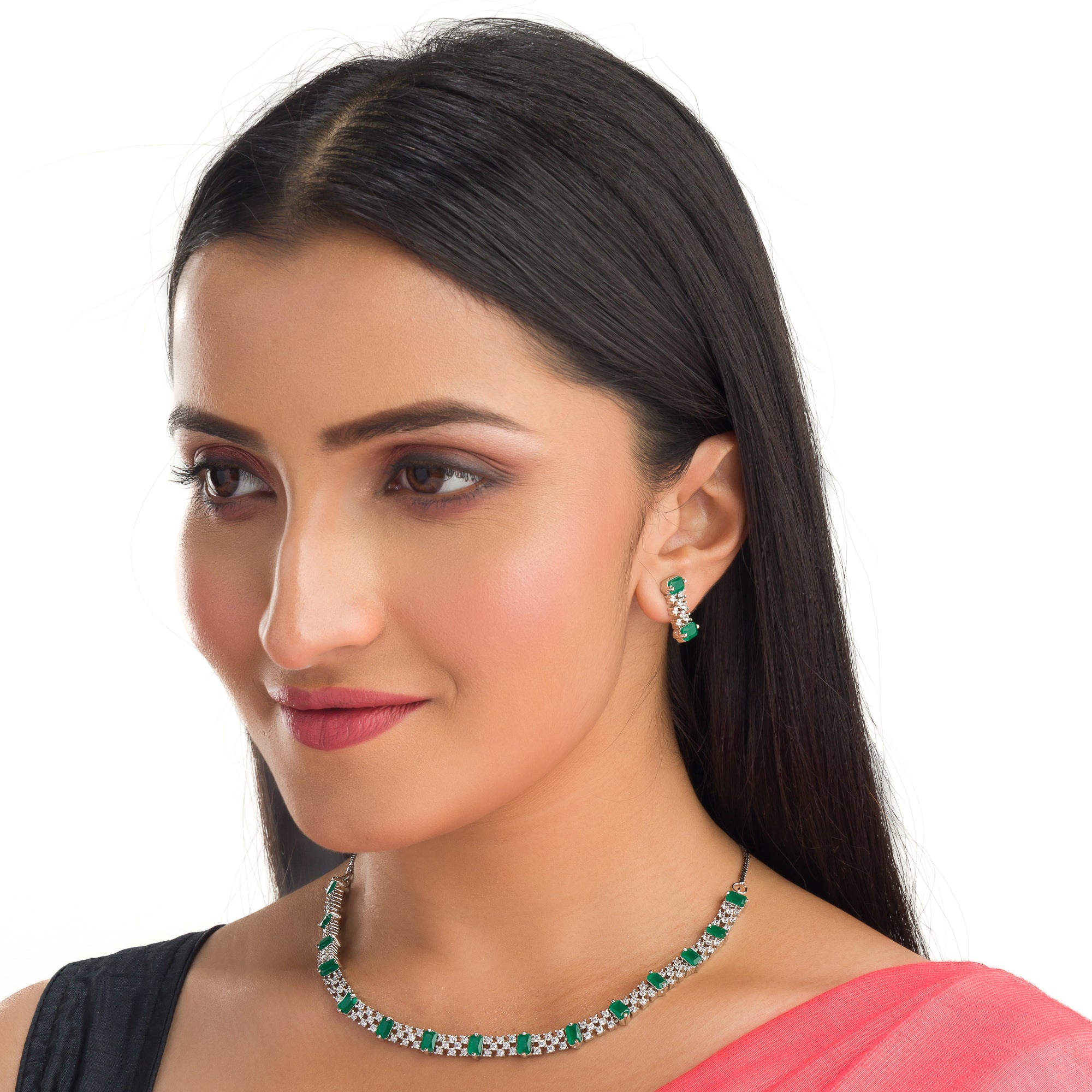 "Green stone zircon necklace adds a pop of vibrant elegance to any look."
