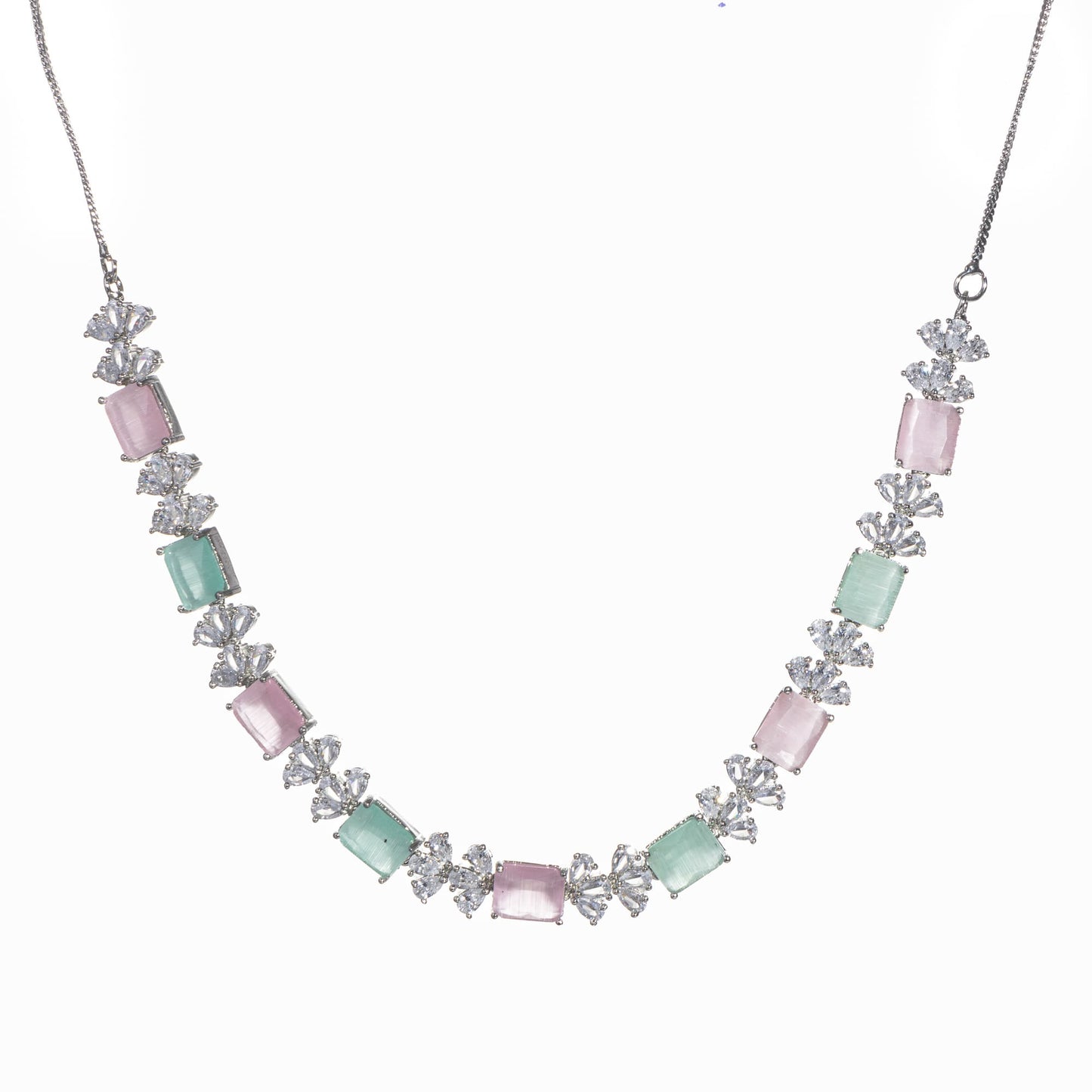 A TRENDY PINK AND GREEN ZIRCON NECKLACE IN A SQUARE DESIGN ADDS CHIC CHARM.