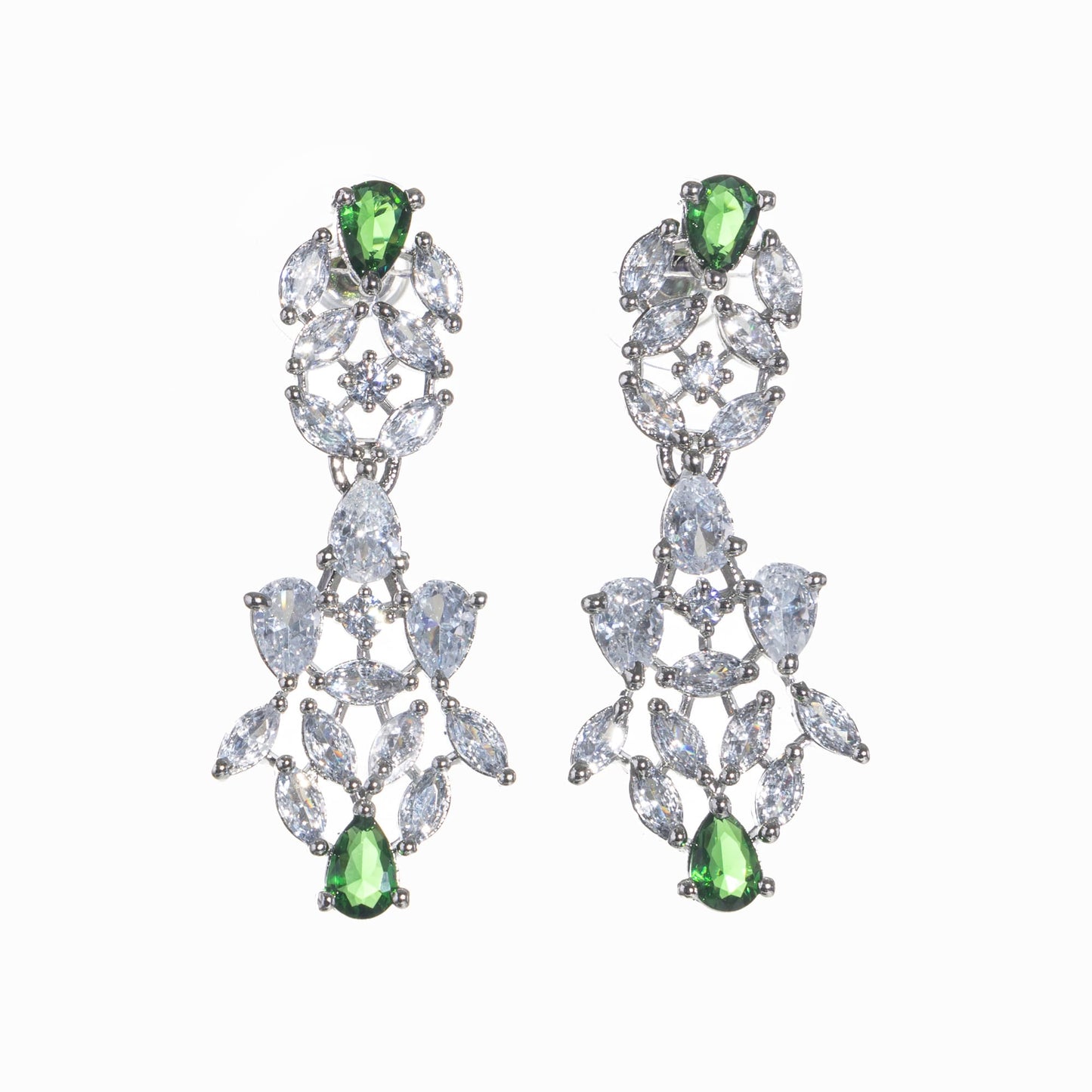 GREEN AND WHITE ZIRCONS IN A FLOWER DESIGN CREATE A VIBRANT, FLORAL ELEGANCE.