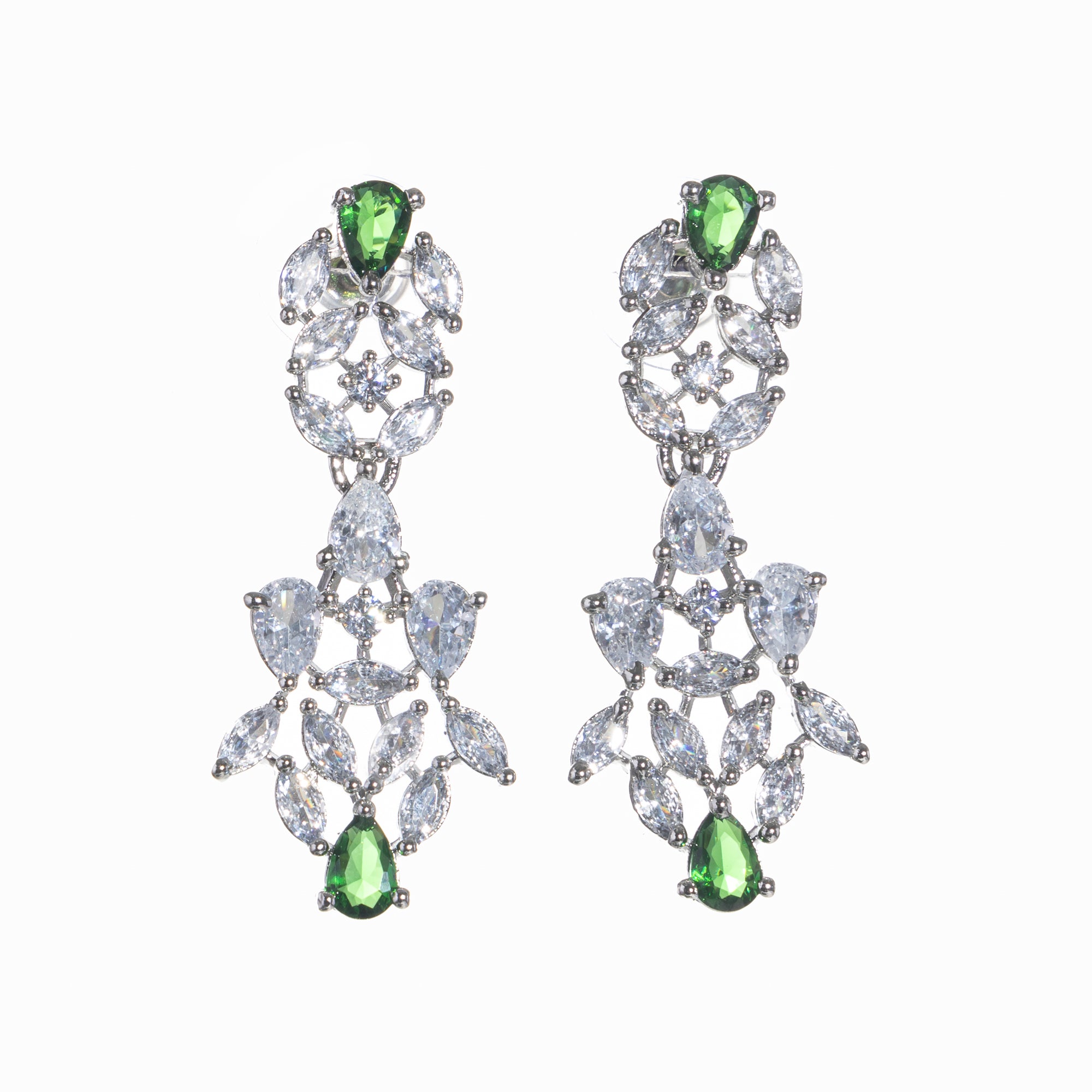 "Green and white zircon necklace in floral design adds vibrant, floral elegance."
