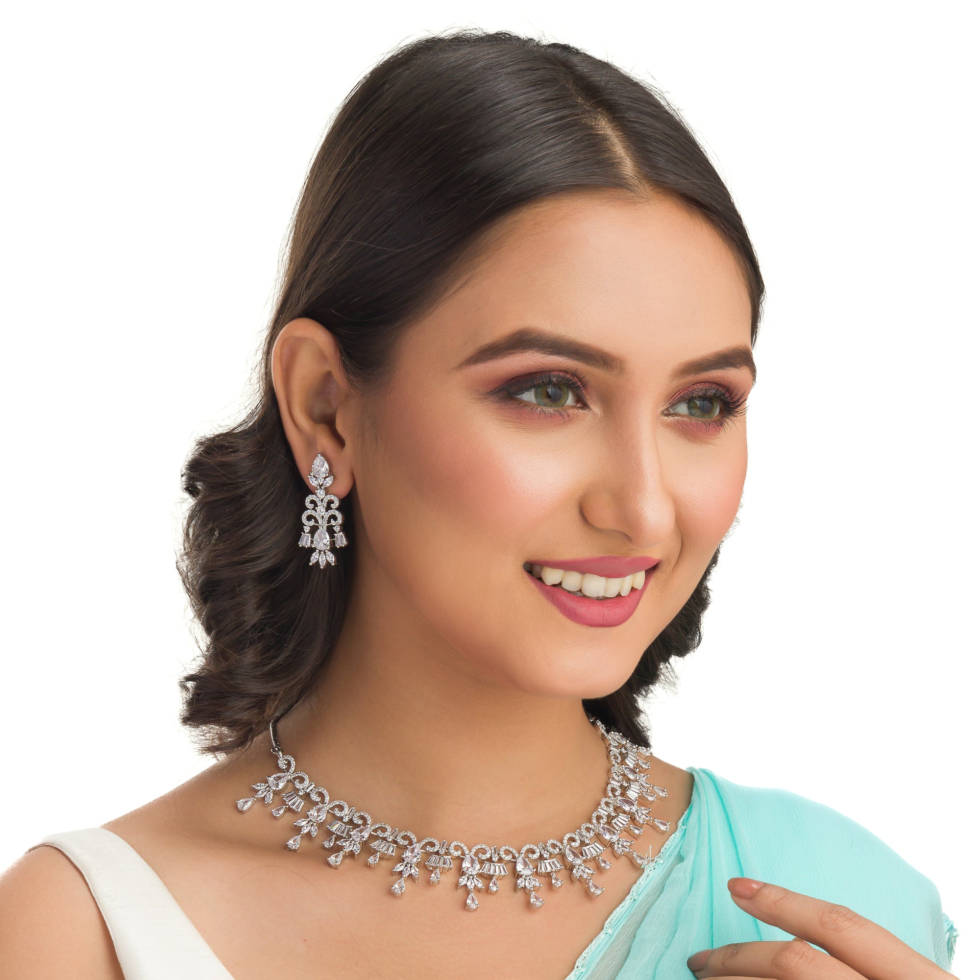 "Zircon necklace sparkles with dazzling brilliance for a sophisticated look."
