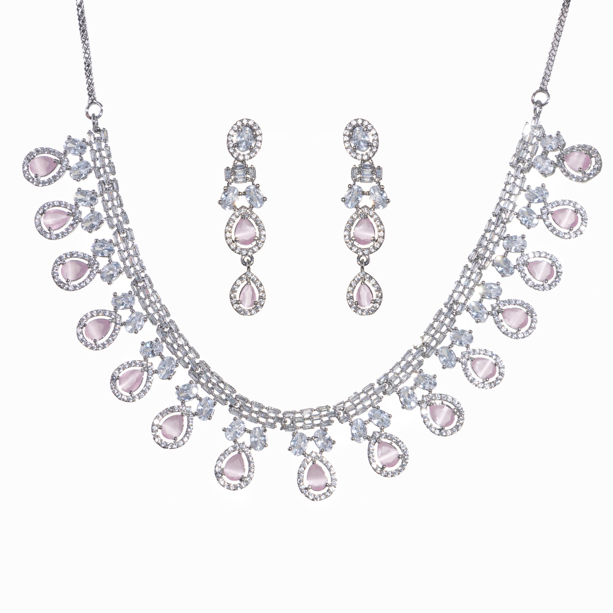 1. "Pink and white zircon necklace with silver polish creates a stunning, radiant look."
