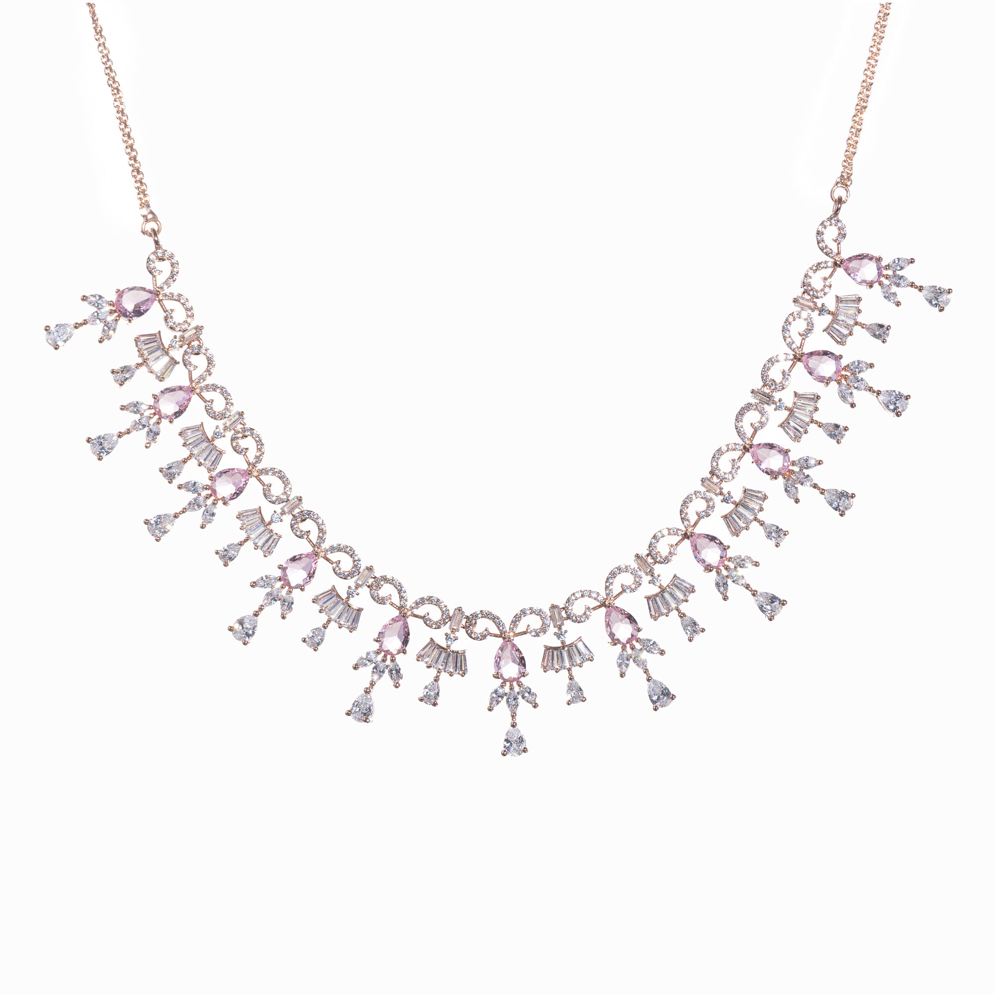 "Pink and white zircon necklace with rose gold polish offers a stunning, radiant look."
