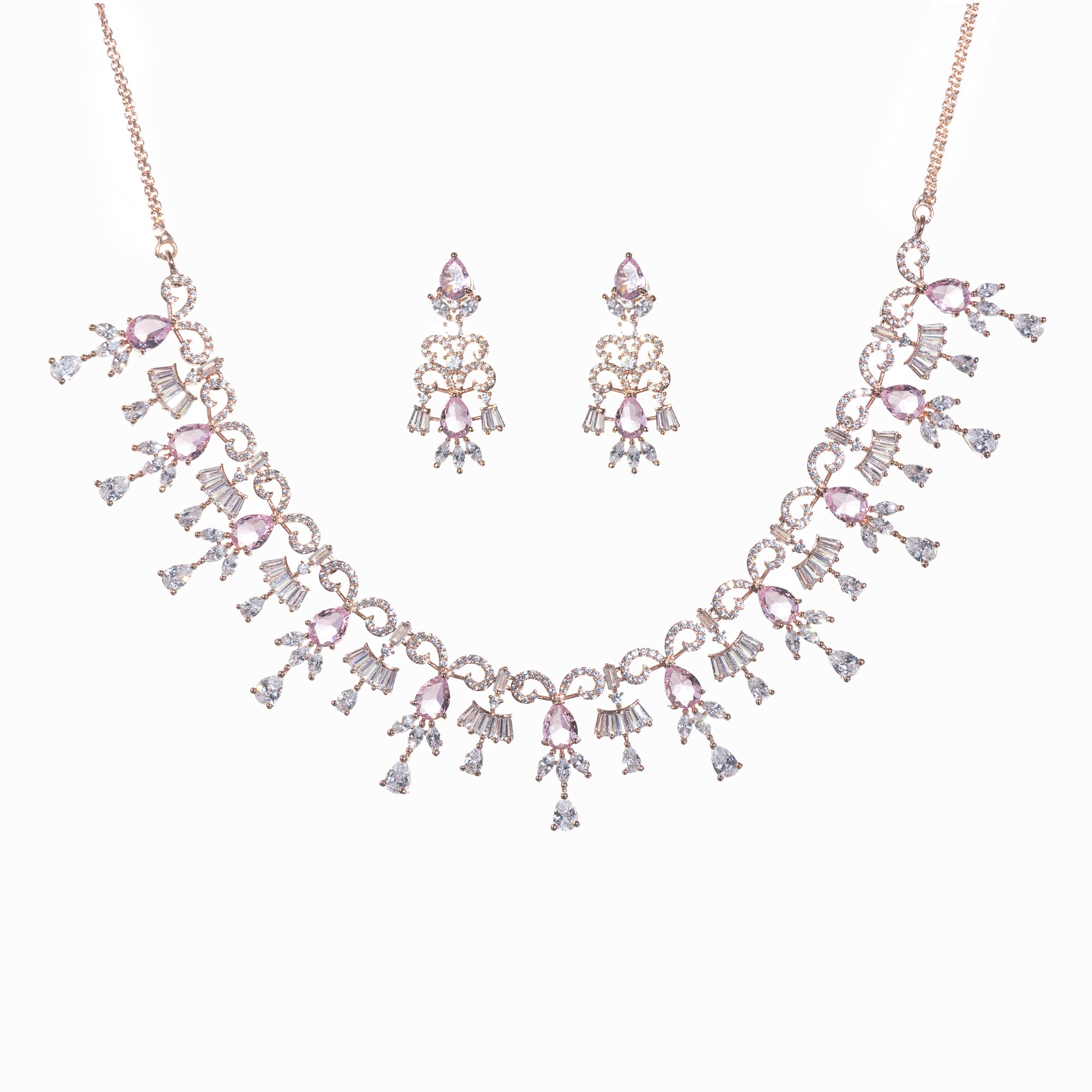 "Pink and white zircon necklace with rose gold polish offers a stunning, radiant look."
