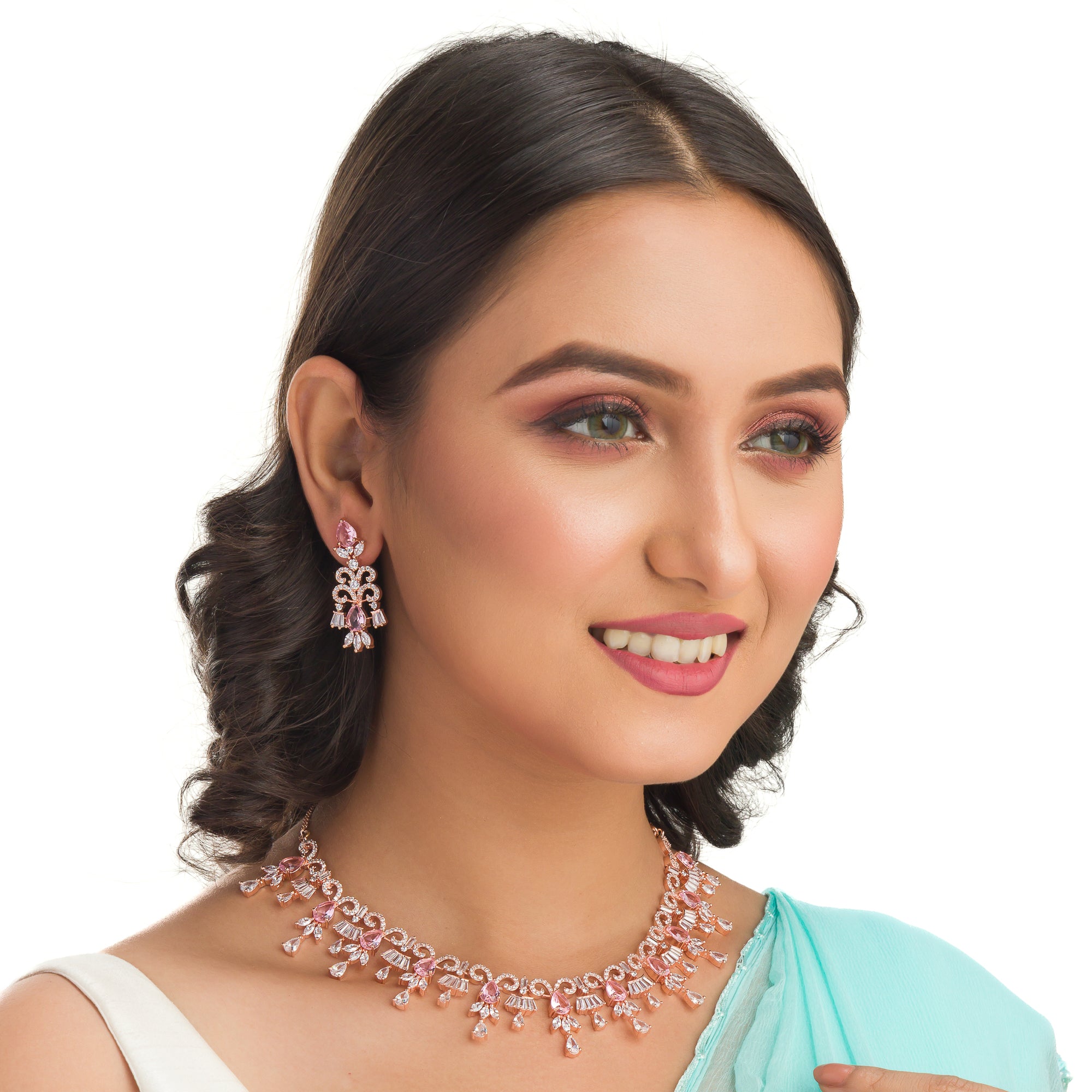 "Pink and white zircon necklace with rose gold polish offers a stunning, radiant look."
