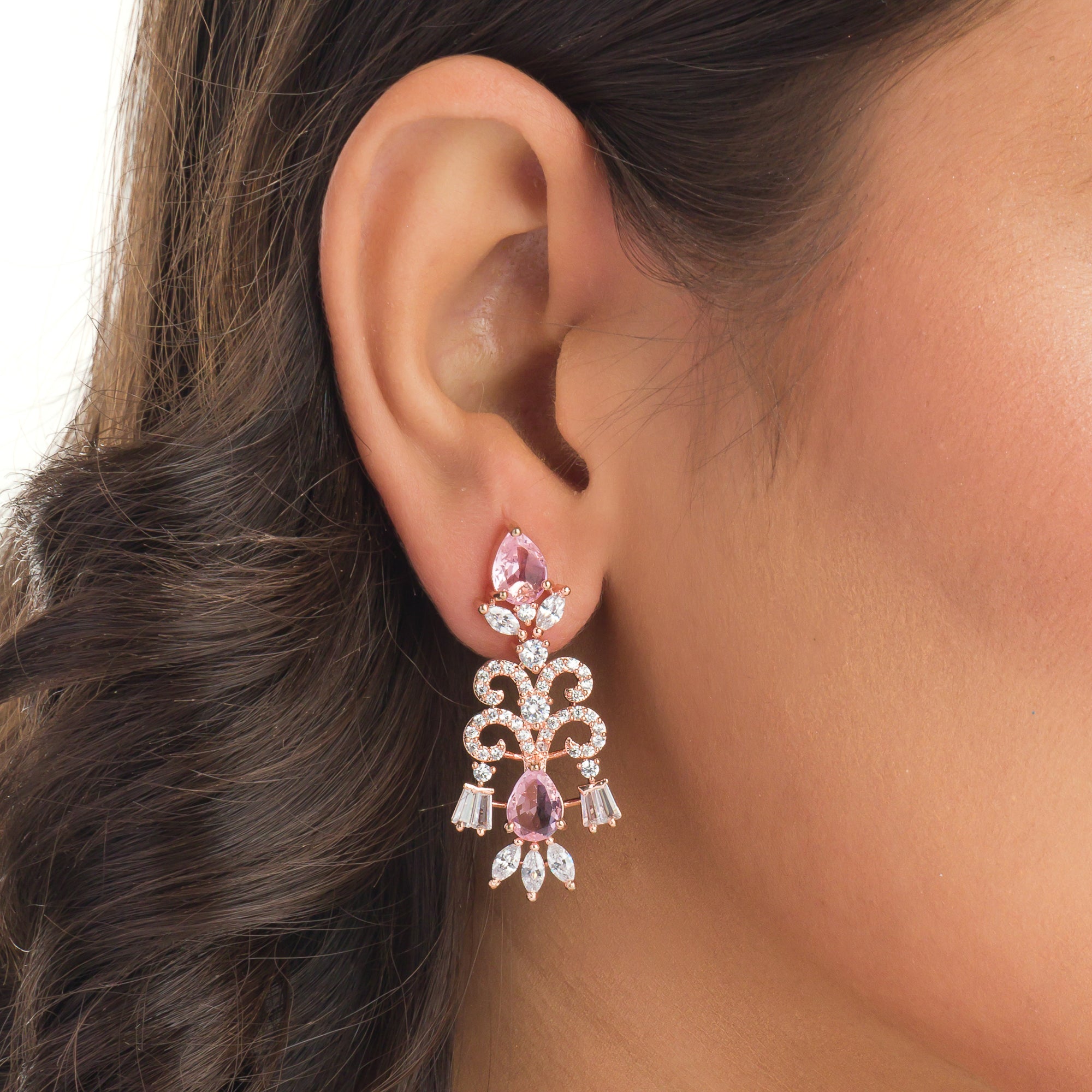 "Pink and white zircon necklace with rose gold polish offers a stunning, radiant look."
