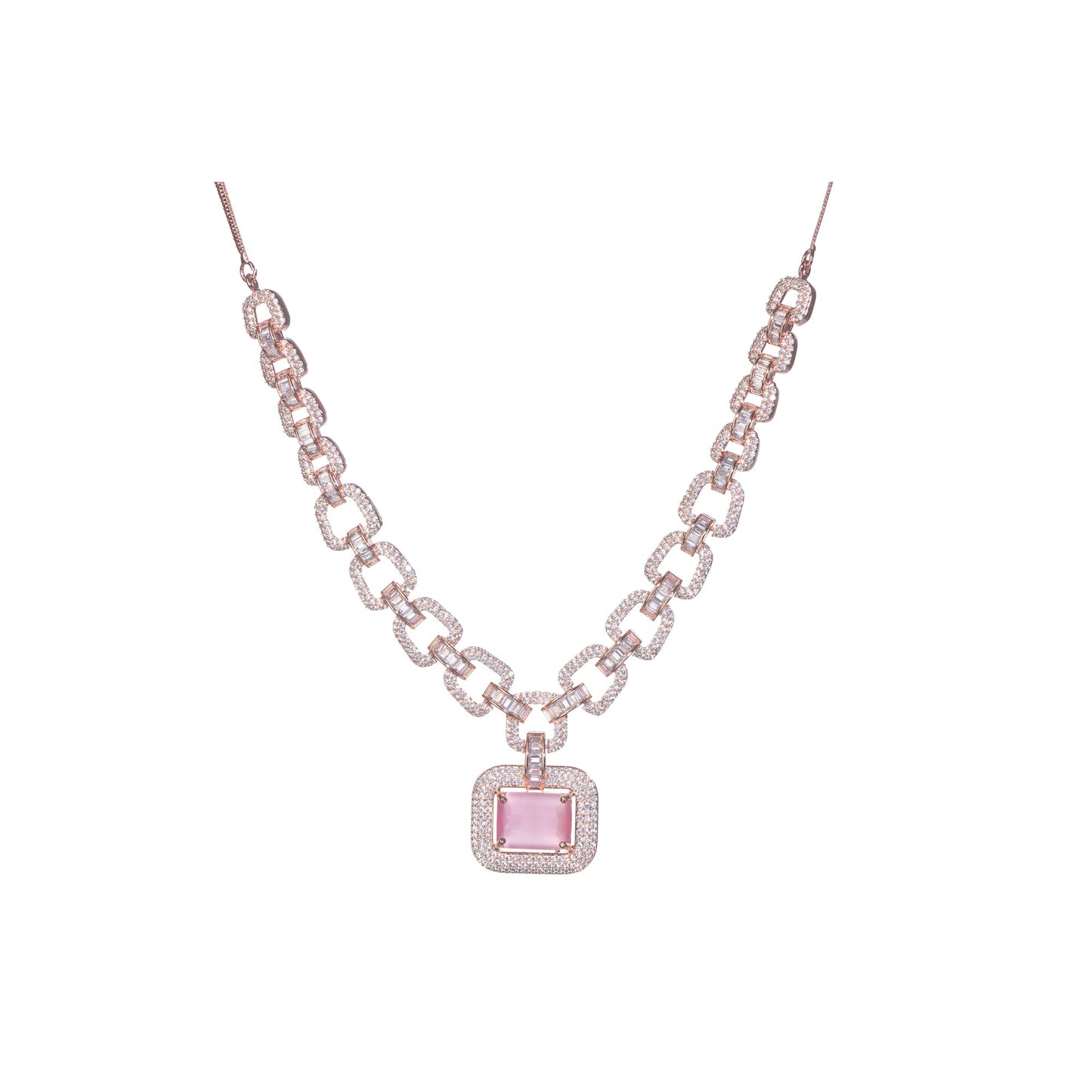 PINK SQUARE AND WHITE ZIRCONS WITH ROSE GOLD POLISH SHINE ELEGANTLY.