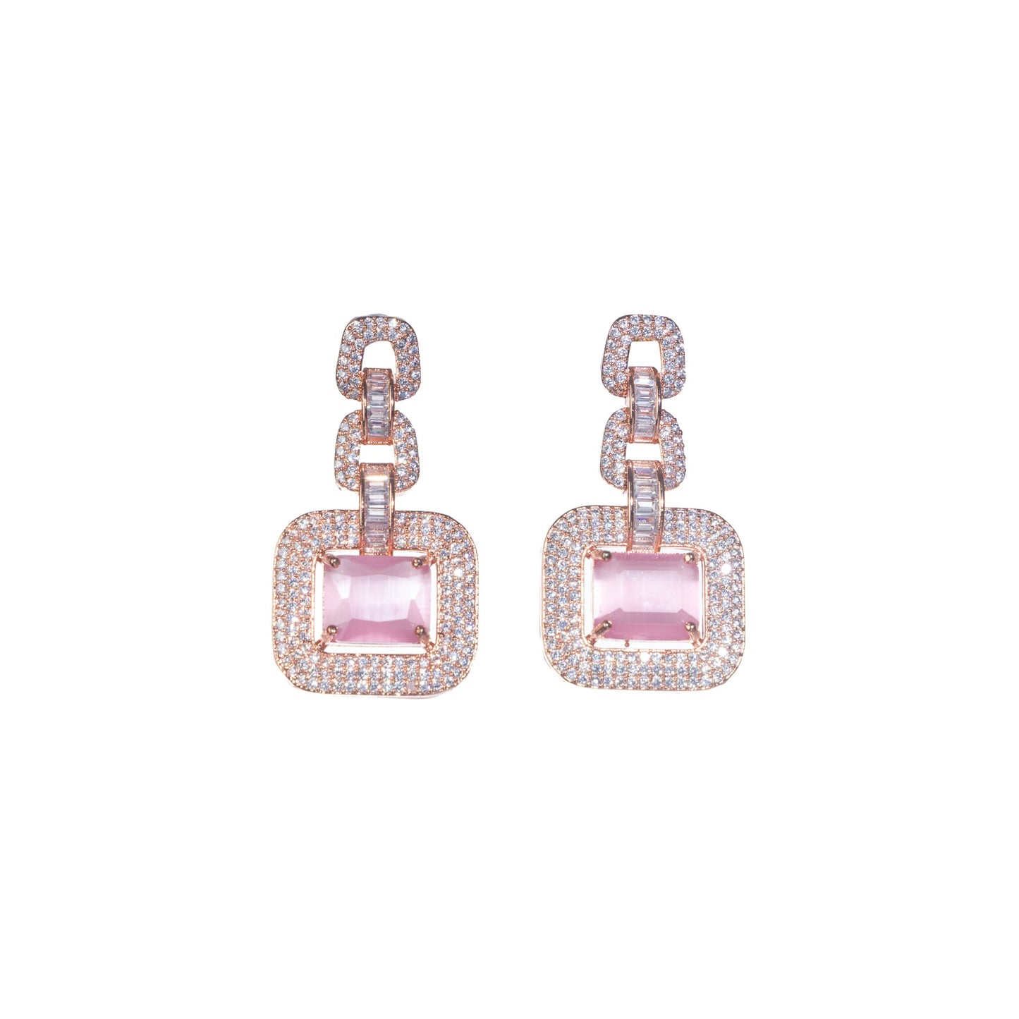 PINK SQUARE AND WHITE ZIRCONS WITH ROSE GOLD POLISH SHINE ELEGANTLY.