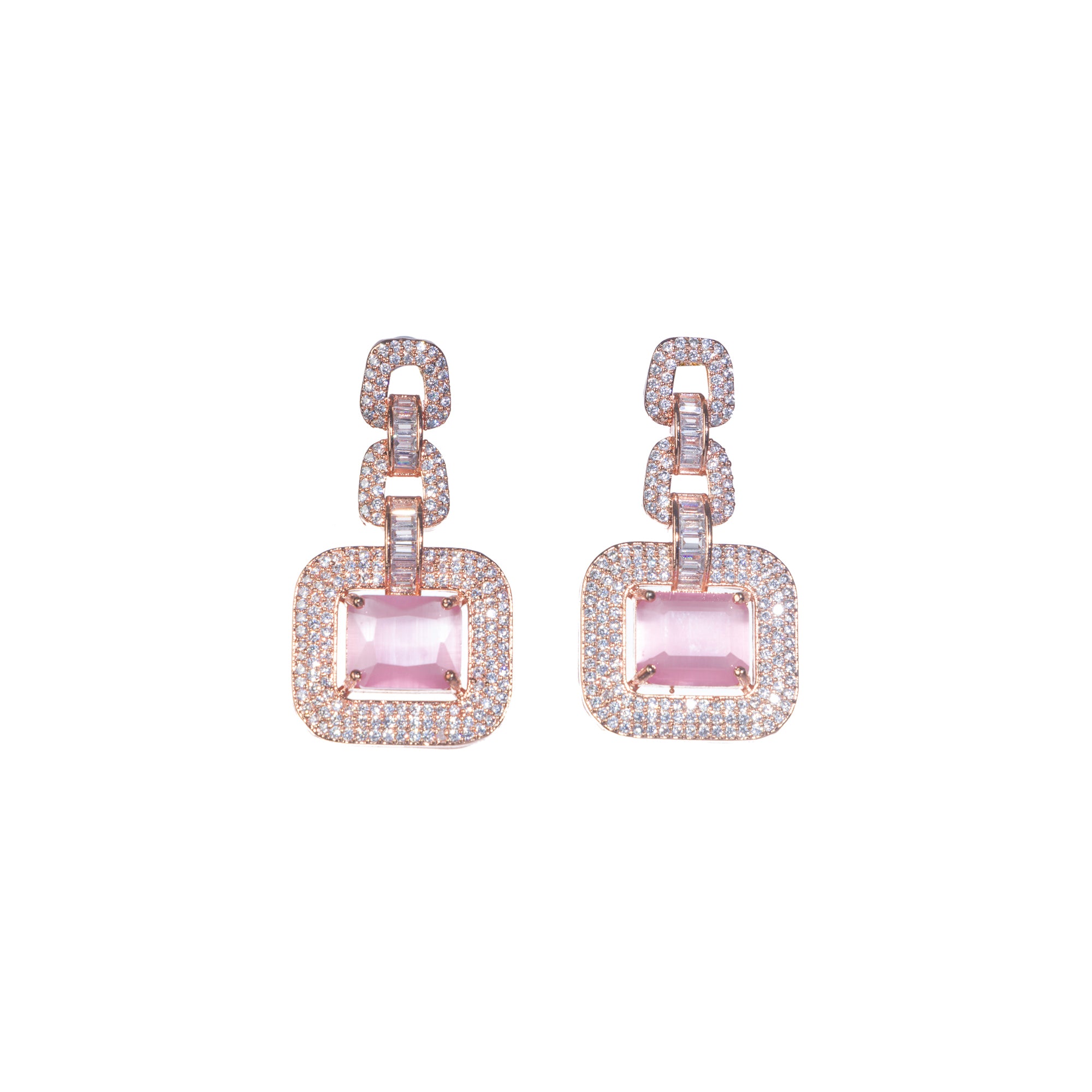 "Pink square and white zircon necklace with rose gold polish shines elegantly."
