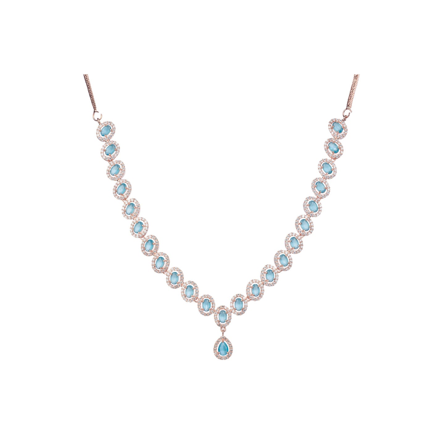 AN AQUA ZIRCON NECKLACE WITH ROSE GOLD POLISH RADIATES MODERN ELEGANCE.