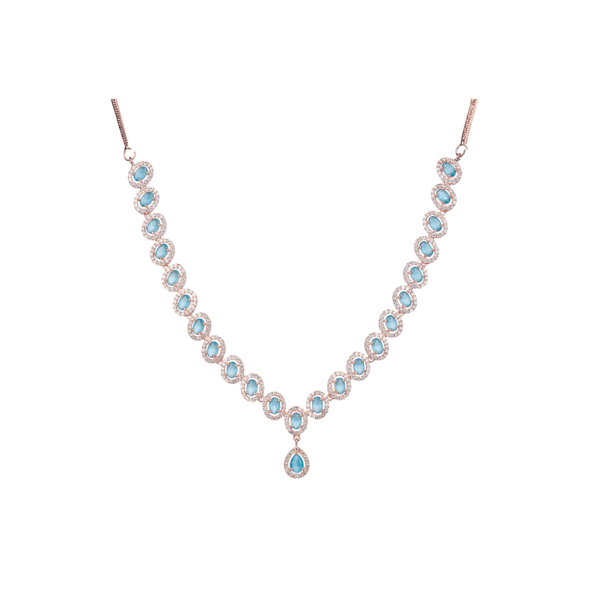 "Aqua zircon necklace with rose gold polish radiates modern elegance."
