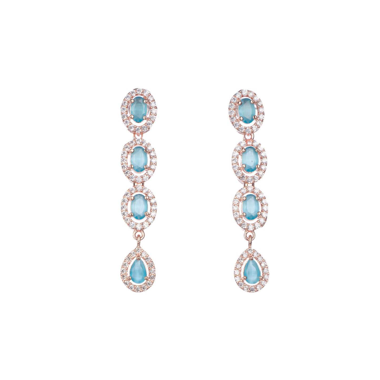 AN AQUA ZIRCON NECKLACE WITH ROSE GOLD POLISH RADIATES MODERN ELEGANCE.