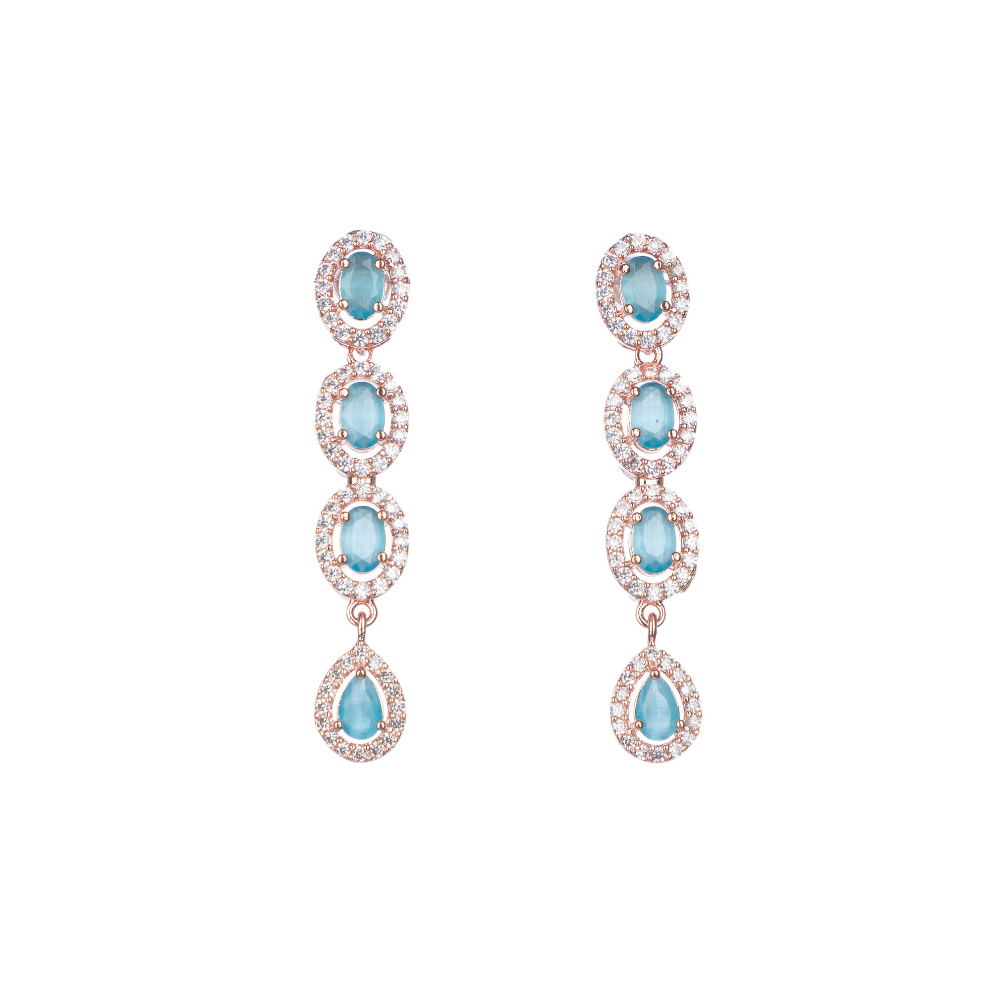 "Aqua zircon necklace with rose gold polish radiates modern elegance."
