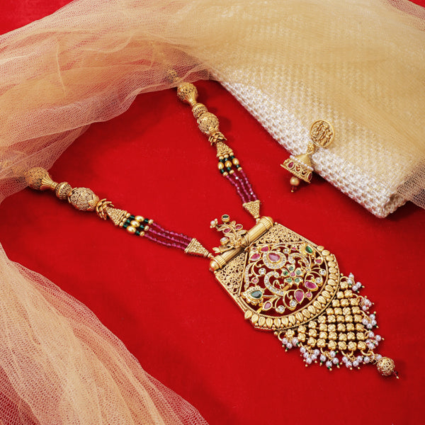 GOLDTONE LONG NECKLACE SET WITH MUTICOLOUR STONES STUDDED PAIRED WITH MATCHING EARRINGS