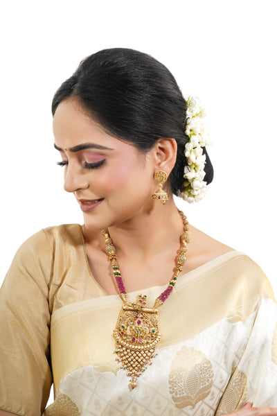 GOLDTONE LONG NECKLACE SET WITH MUTICOLOUR STONES STUDDED PAIRED WITH MATCHING EARRINGS