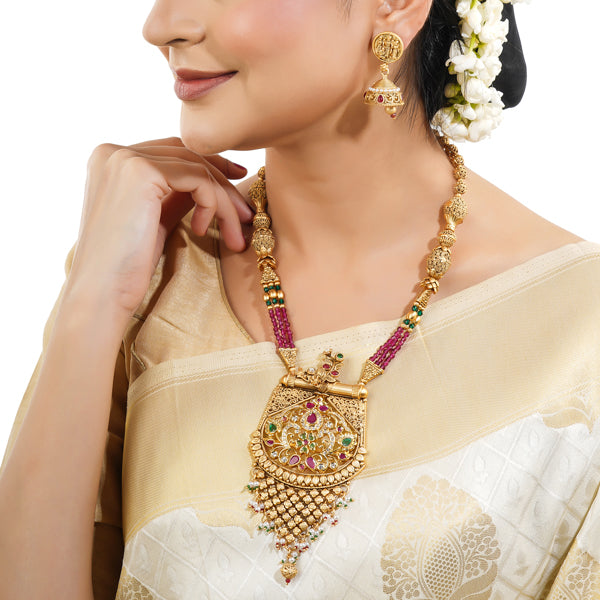 GOLDTONE LONG NECKLACE SET WITH MUTICOLOUR STONES STUDDED PAIRED WITH MATCHING EARRINGS