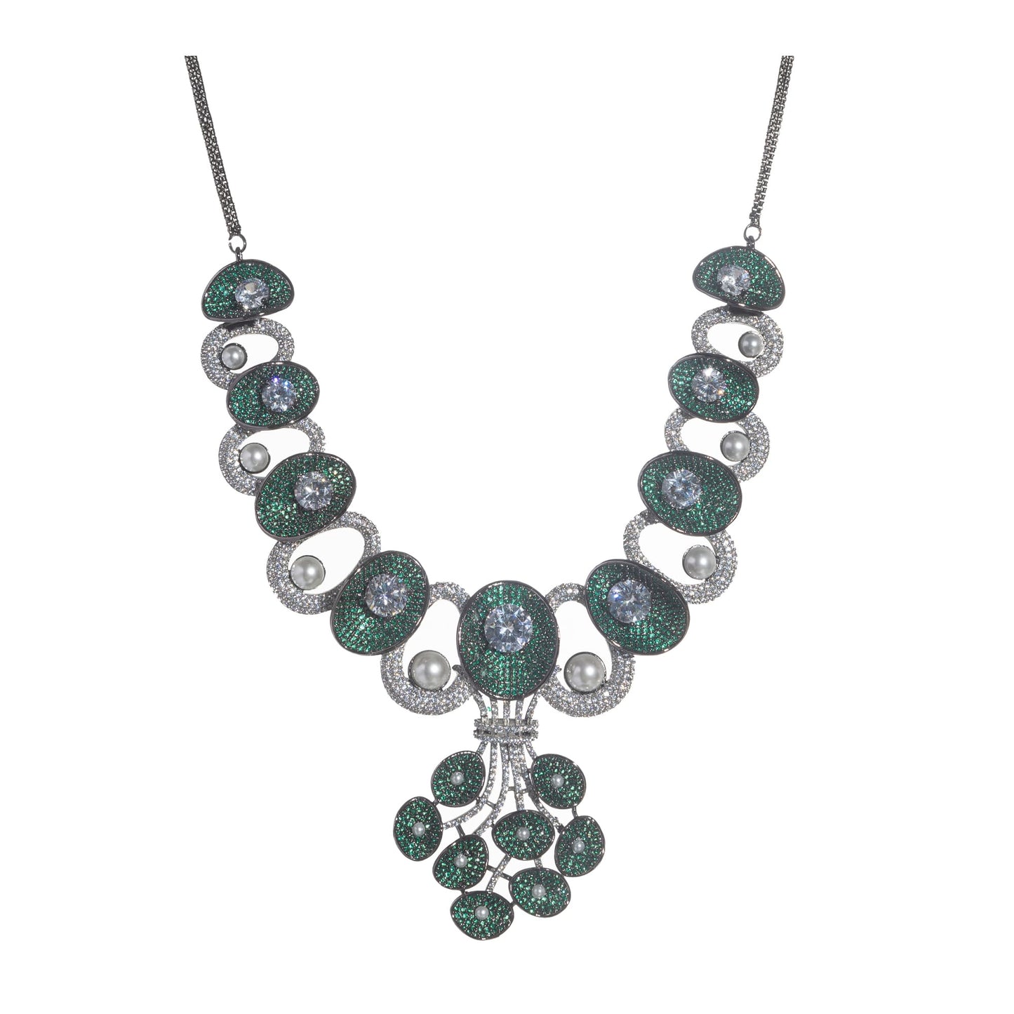 A TREE-SHAPED NECKLACE WITH GREEN AND WHITE ZIRCONS OFFERS A UNIQUE, ELEGANT CHARM.