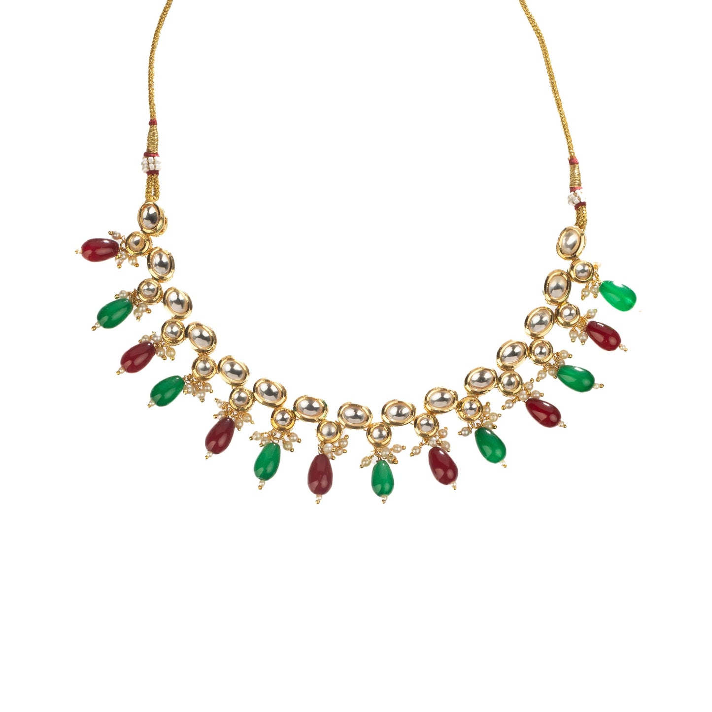 ELEGANT KUNDAN NECKLACE FEATURING RICH GREEN AND MAROON STONES FOR A REGAL AND SOPHISTICATED LOOK.