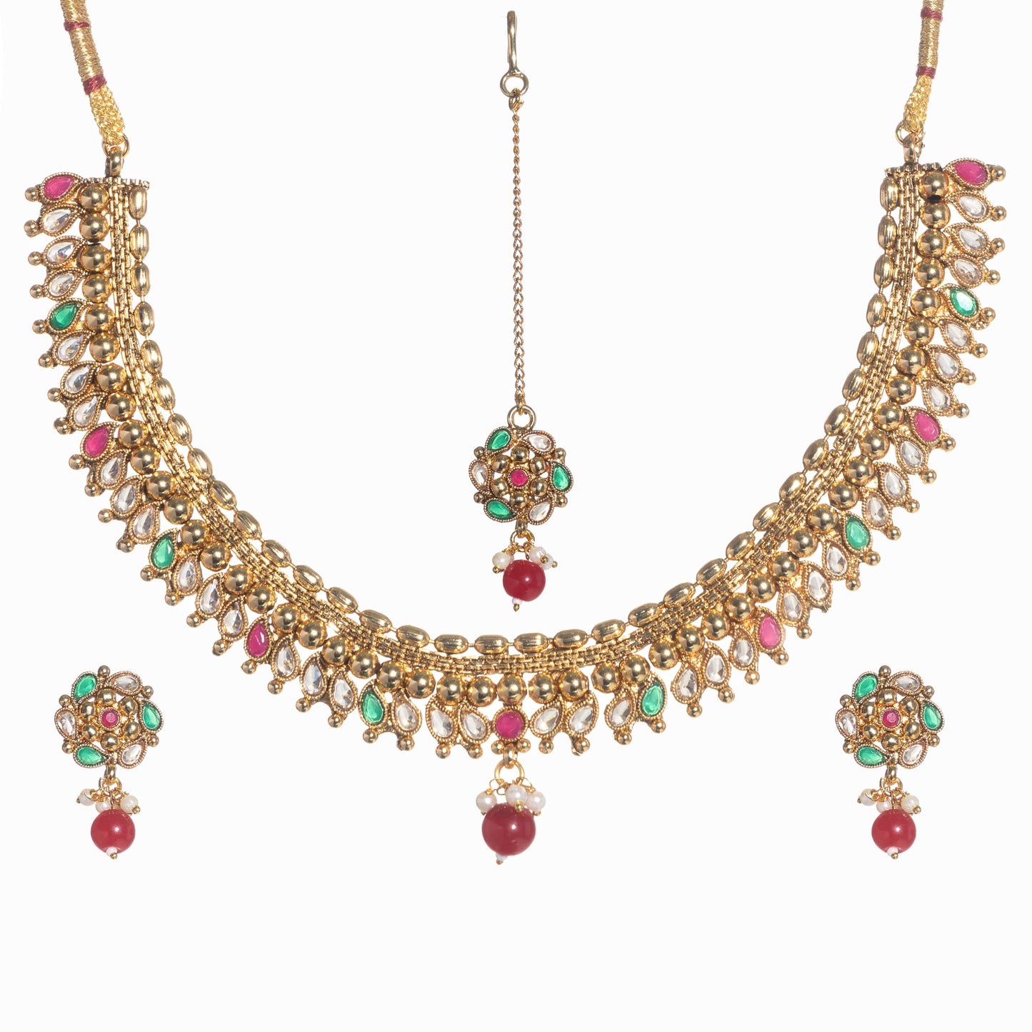 A GOLD-TONE NECKLACE WITH KUNDAN AND MAANG TIKKA OFFERS REGAL ELEGANCE.