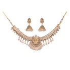 Graceful temple necklace with white pearls adds a touch of classic festival sophistication.
