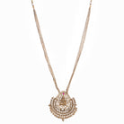 Long temple necklace showcases detailed artistry, perfect for a regal festive look.
