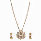 Long temple necklace showcases detailed artistry, perfect for a regal festive look.
