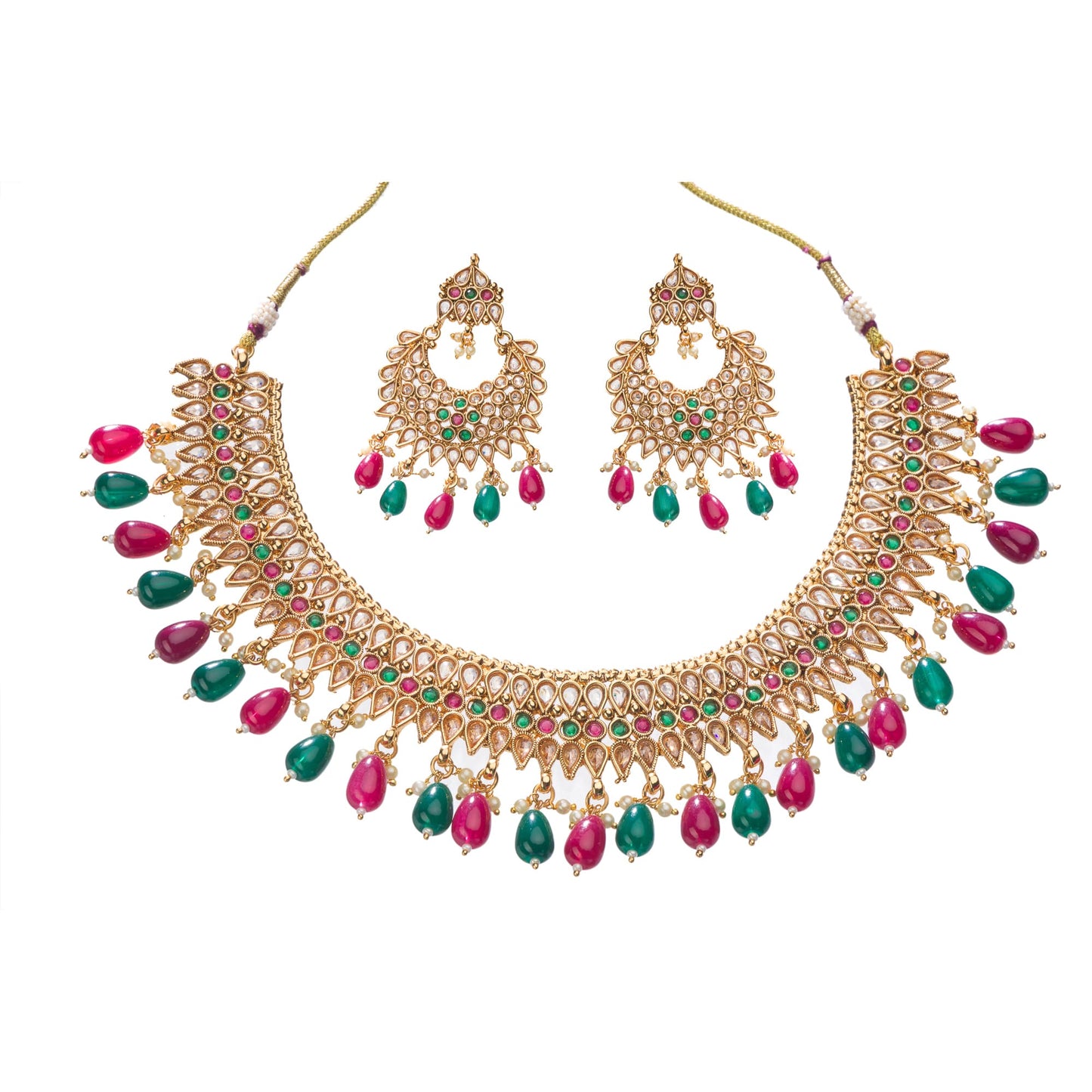 ELEGANT KUNDAN CHOKER ADORNED WITH RICH MAROON AND GREEN STONES FOR A REGAL AND REFINED LOOK.