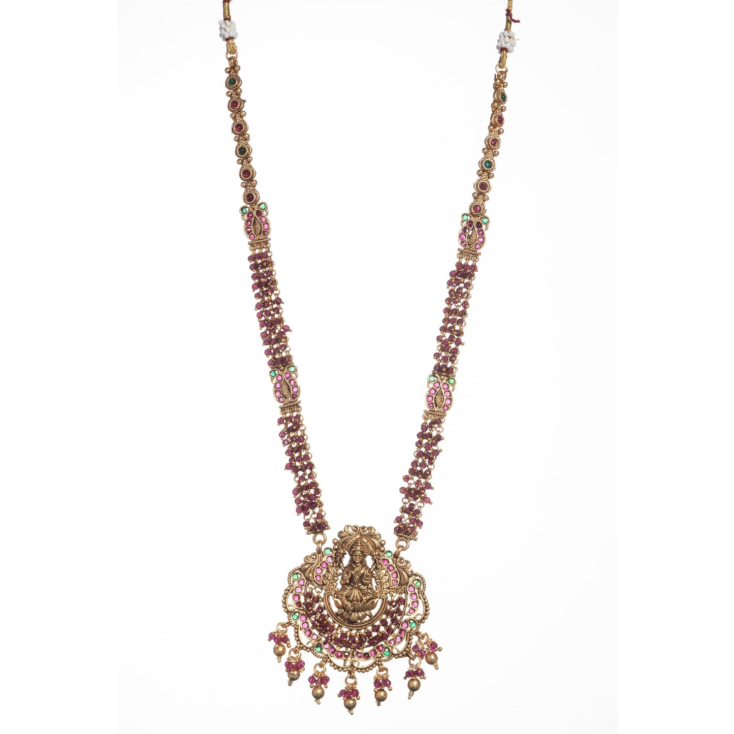 LONG TEMPLE NECKLACE SET WITH MAROON  PEARLS