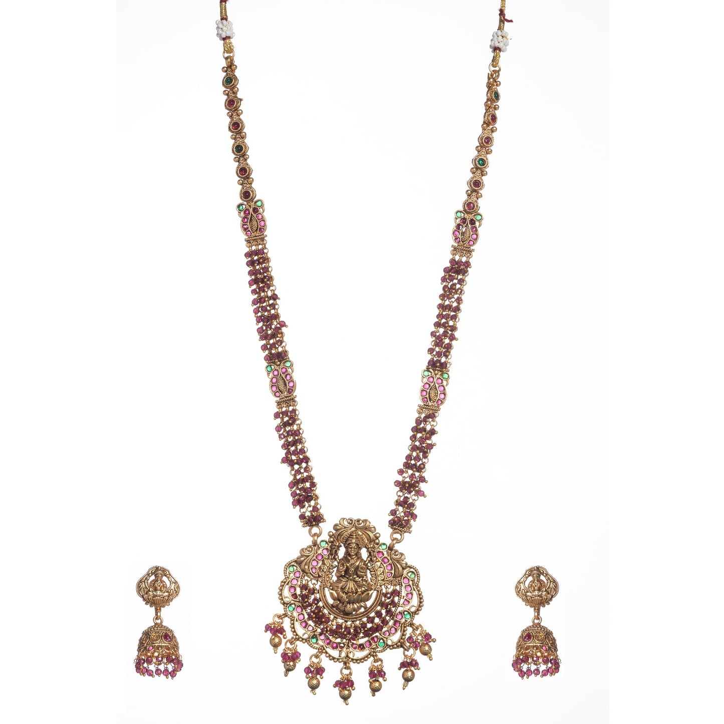 LONG TEMPLE NECKLACE SET WITH MAROON  PEARLS