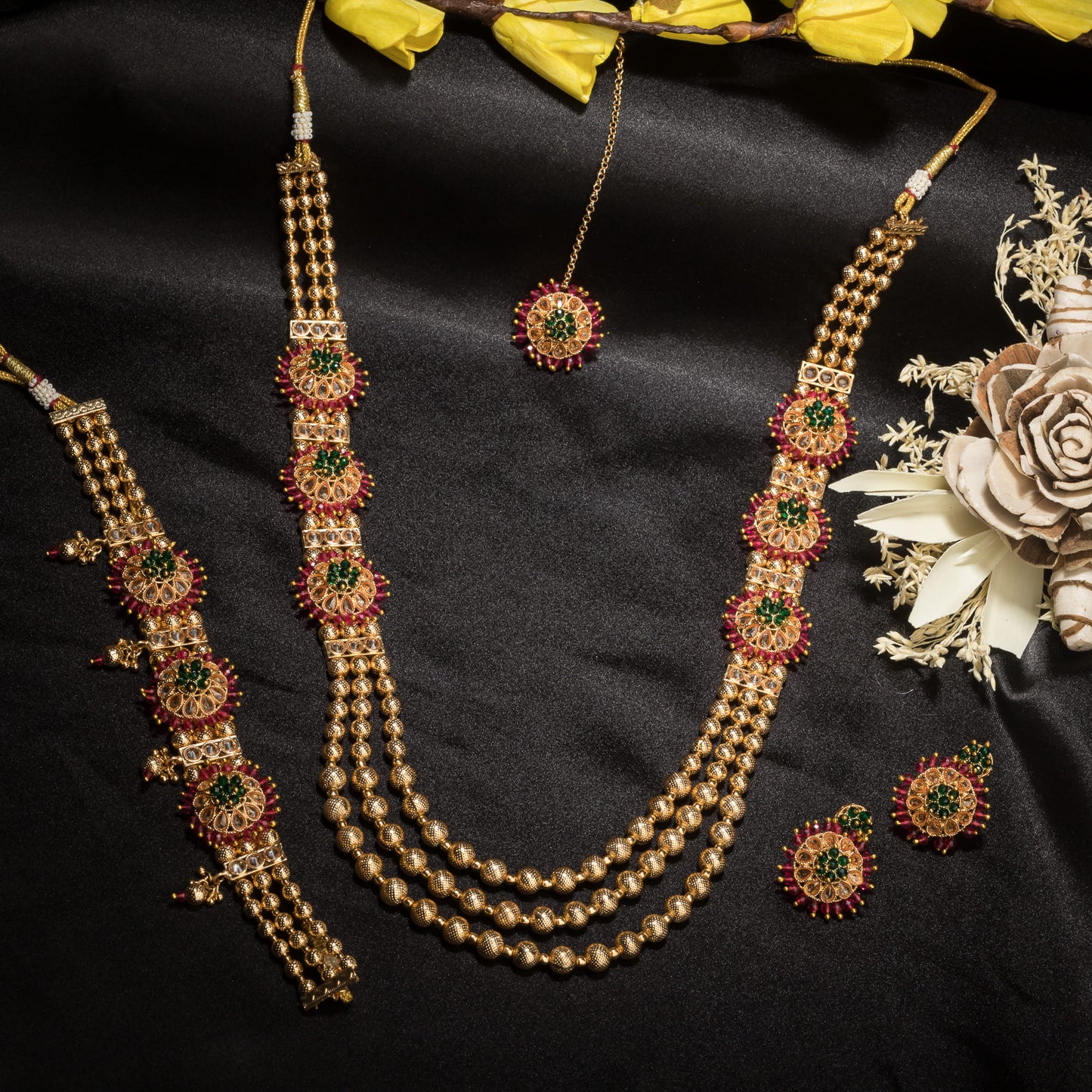 GOLDTONE BRIDEL SET WITH PINK AND GREEN MOTI