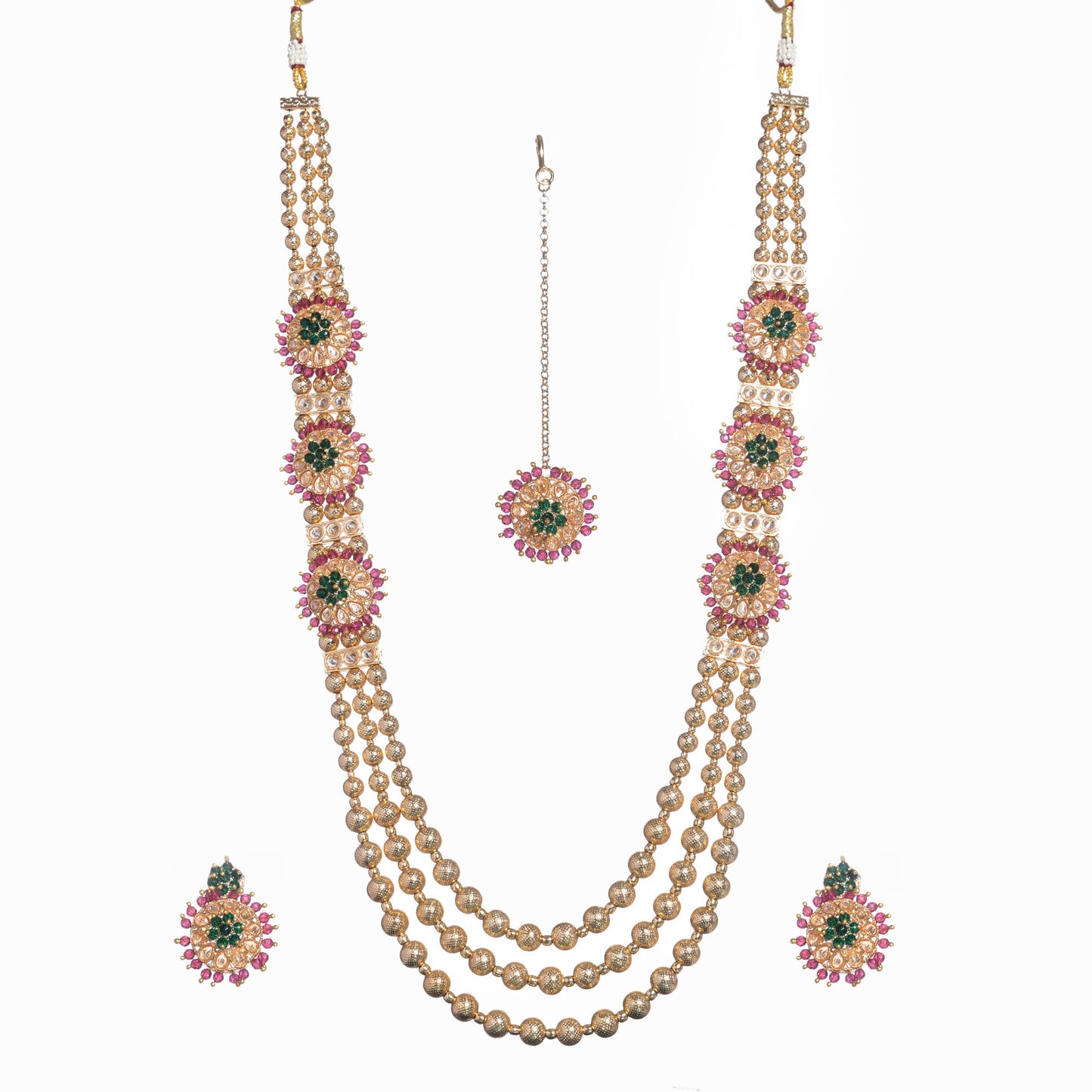 GOLDTONE BRIDEL SET WITH PINK AND GREEN MOTI