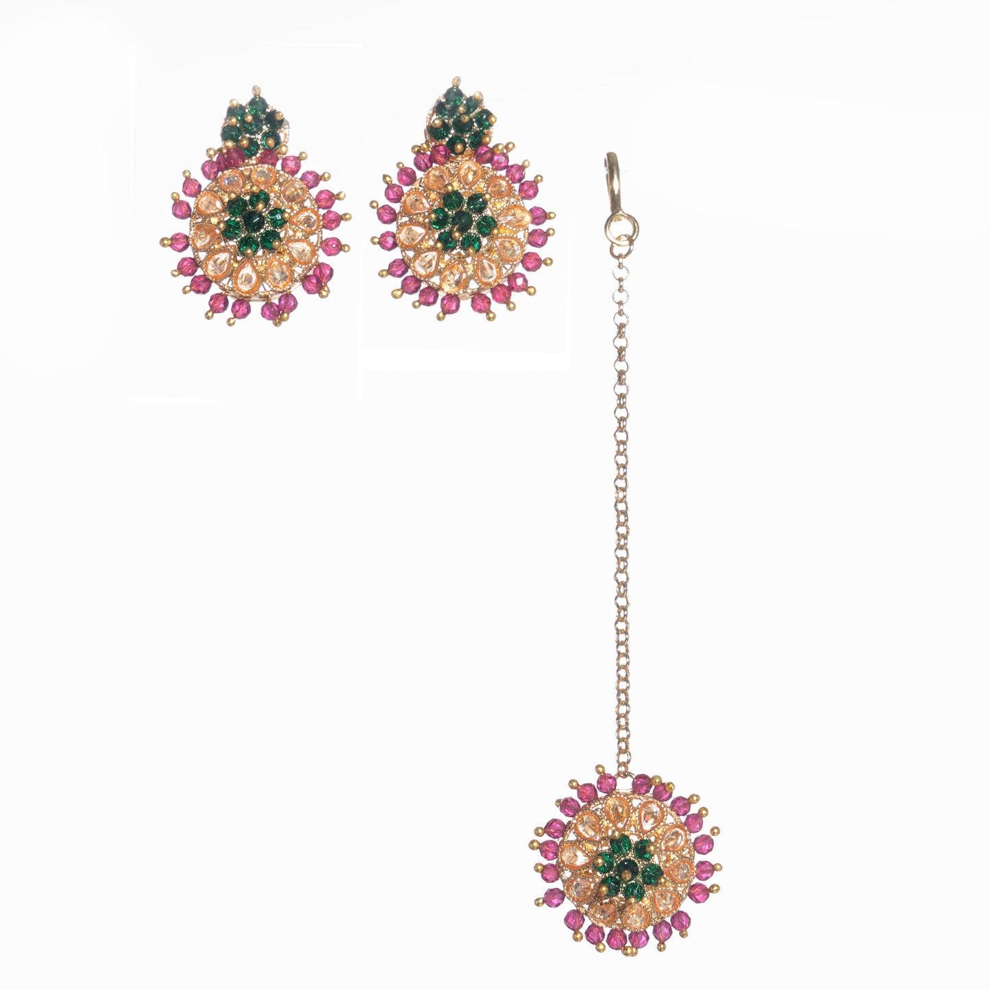 GOLDTONE BRIDEL SET WITH PINK AND GREEN MOTI