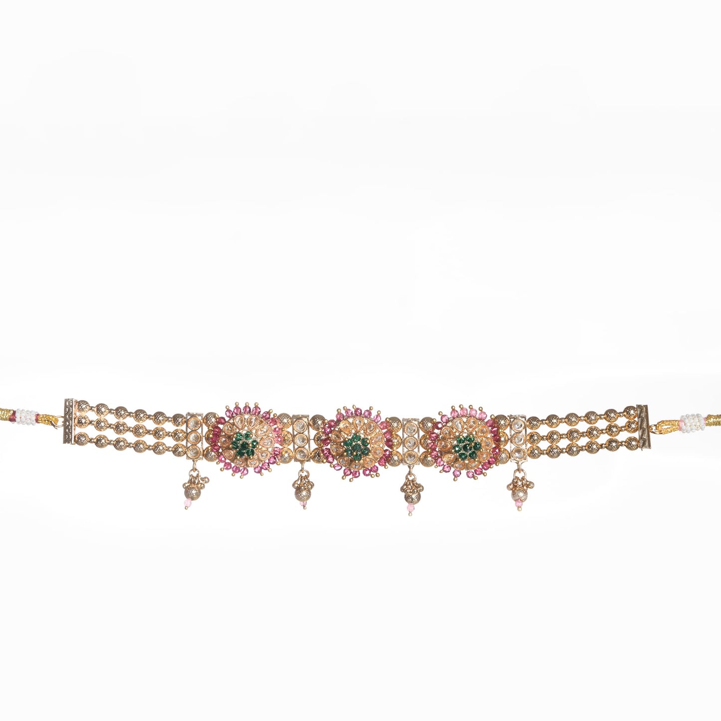 GOLDTONE BRIDEL SET WITH PINK AND GREEN MOTI